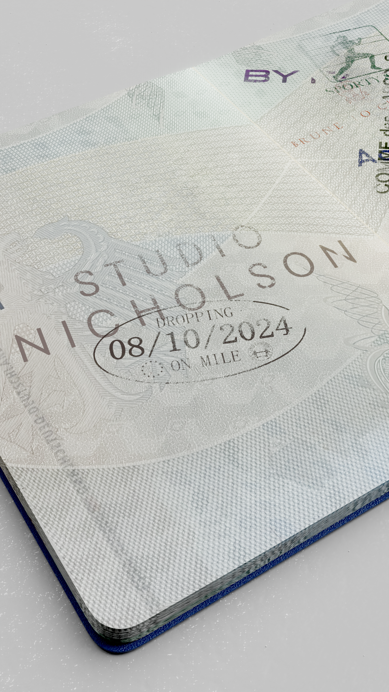Passport page in a 3D render stamped "STUDIO NICHOLSON", with an oval date stamp announcing the drop on MILE on 08/10/2024.