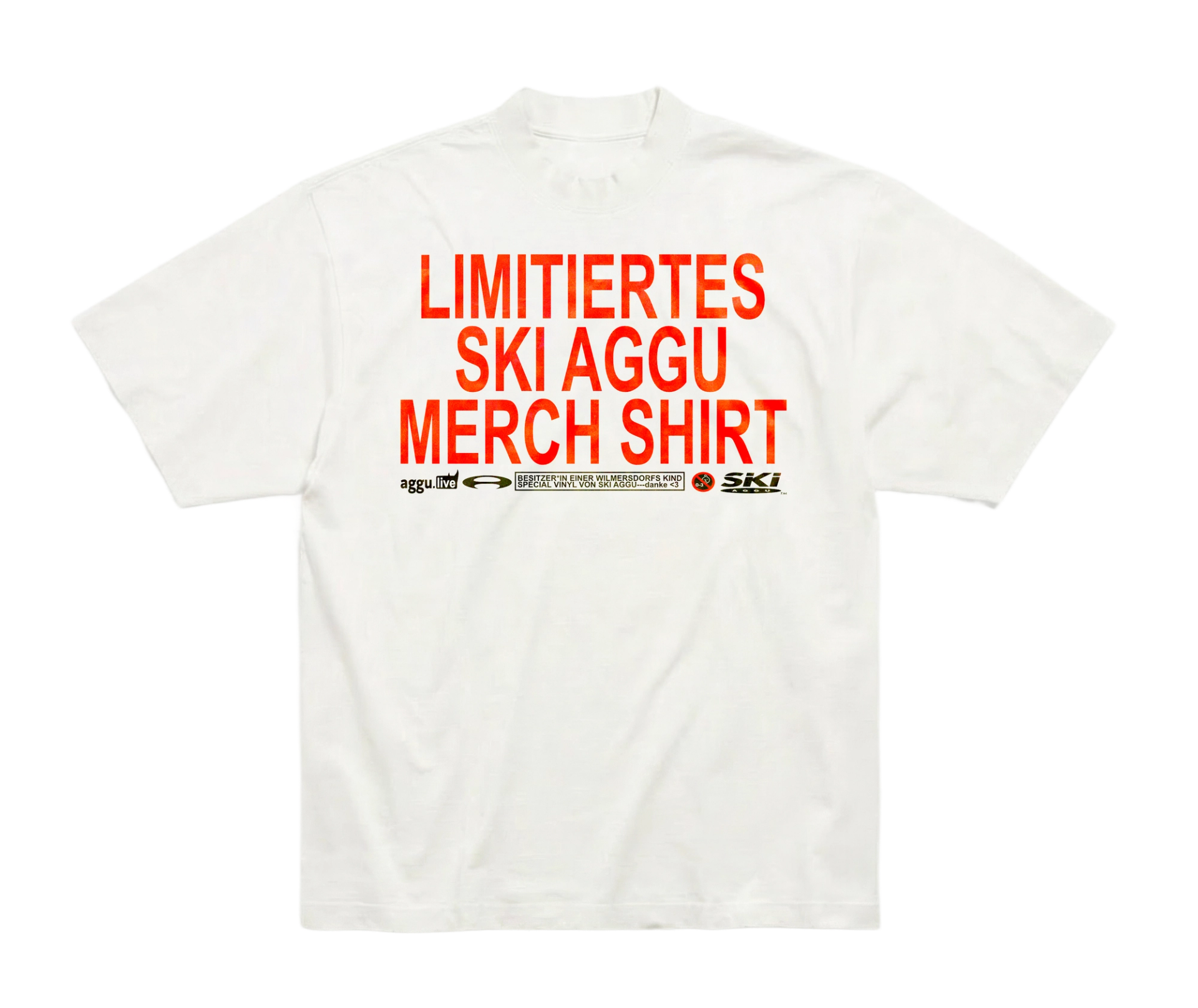 White T-shirt with "LIMITIERTES SKI AGGU MERCH SHIRT" in red-orange capitals above a row of small logos.