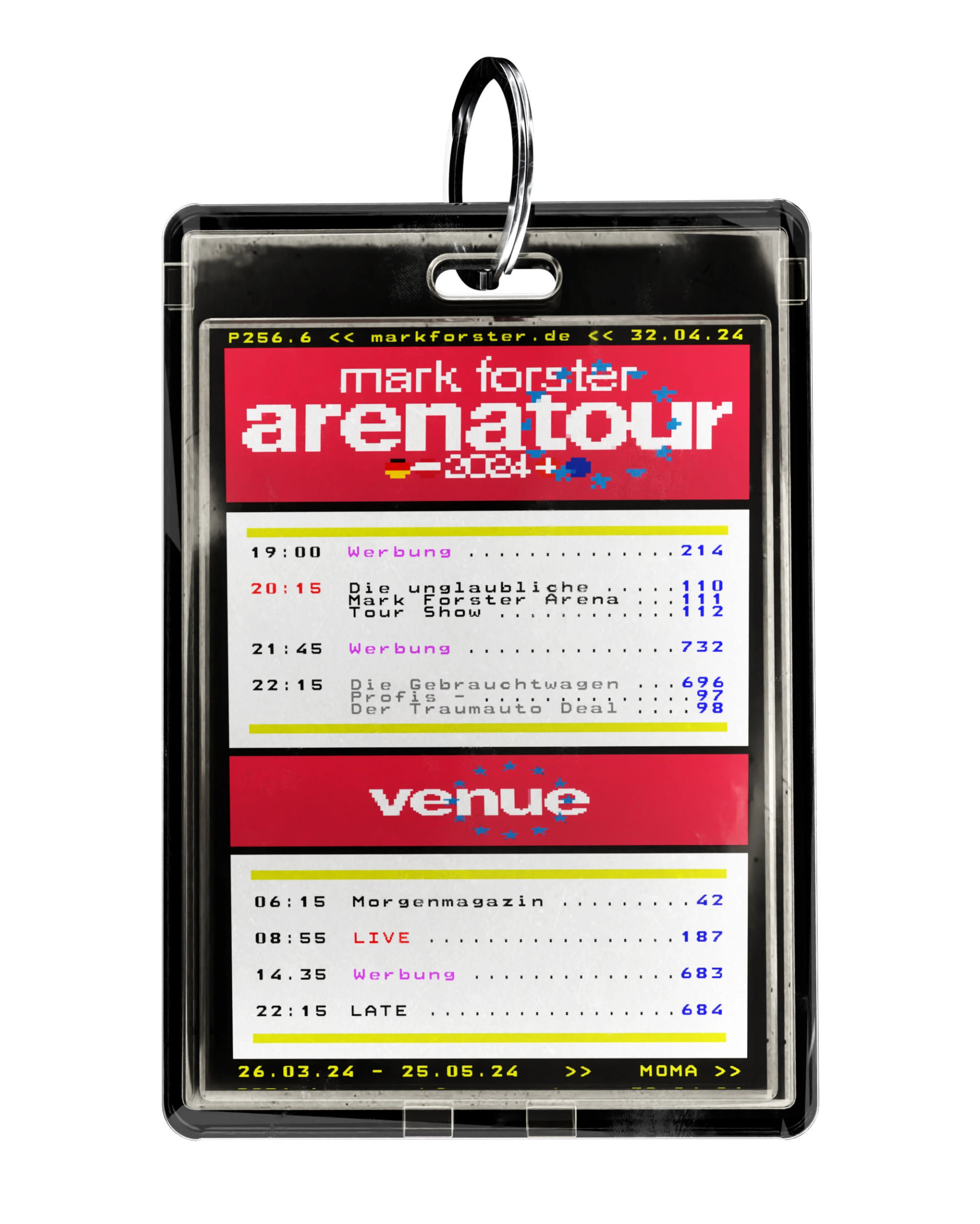 Red "venue" pass in a clear plastic holder with a metal key ring, shown straight on against black.
