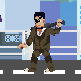 Dark-suited yakuza enemy walking along the city road beside the white roadside railing.