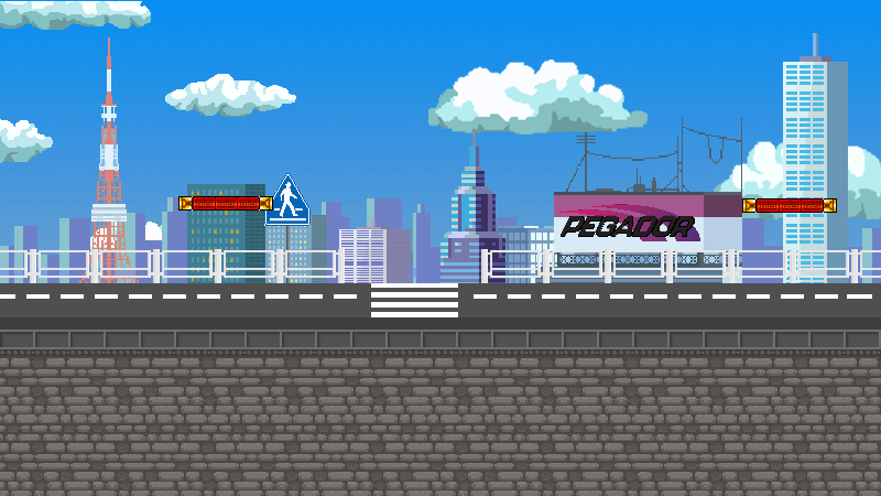 City scene from the game: a road with a zebra crossing in front of a Tokyo skyline, a red and white tower and a rooftop billboard reading "PEGADOR".