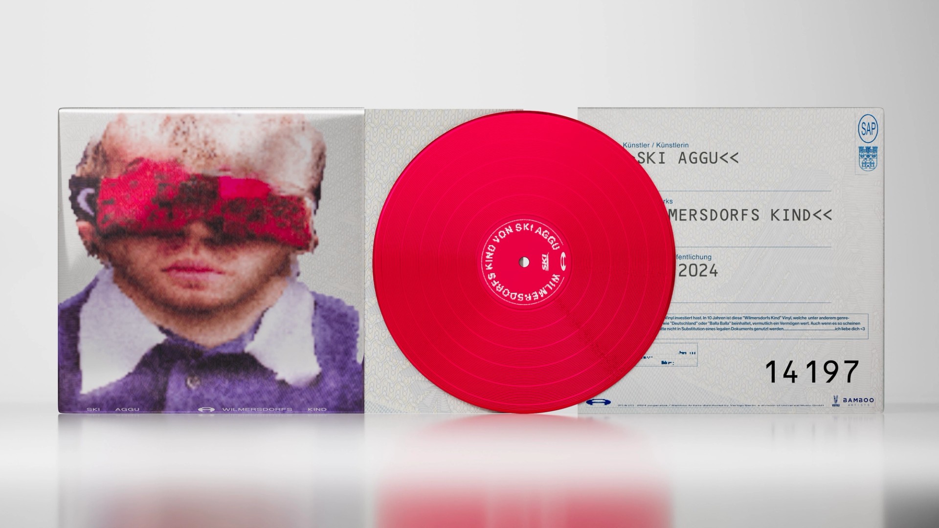 3D render of the red vinyl standing upright on a glossy white floor, the record between the front portrait and the passport-style back cover.