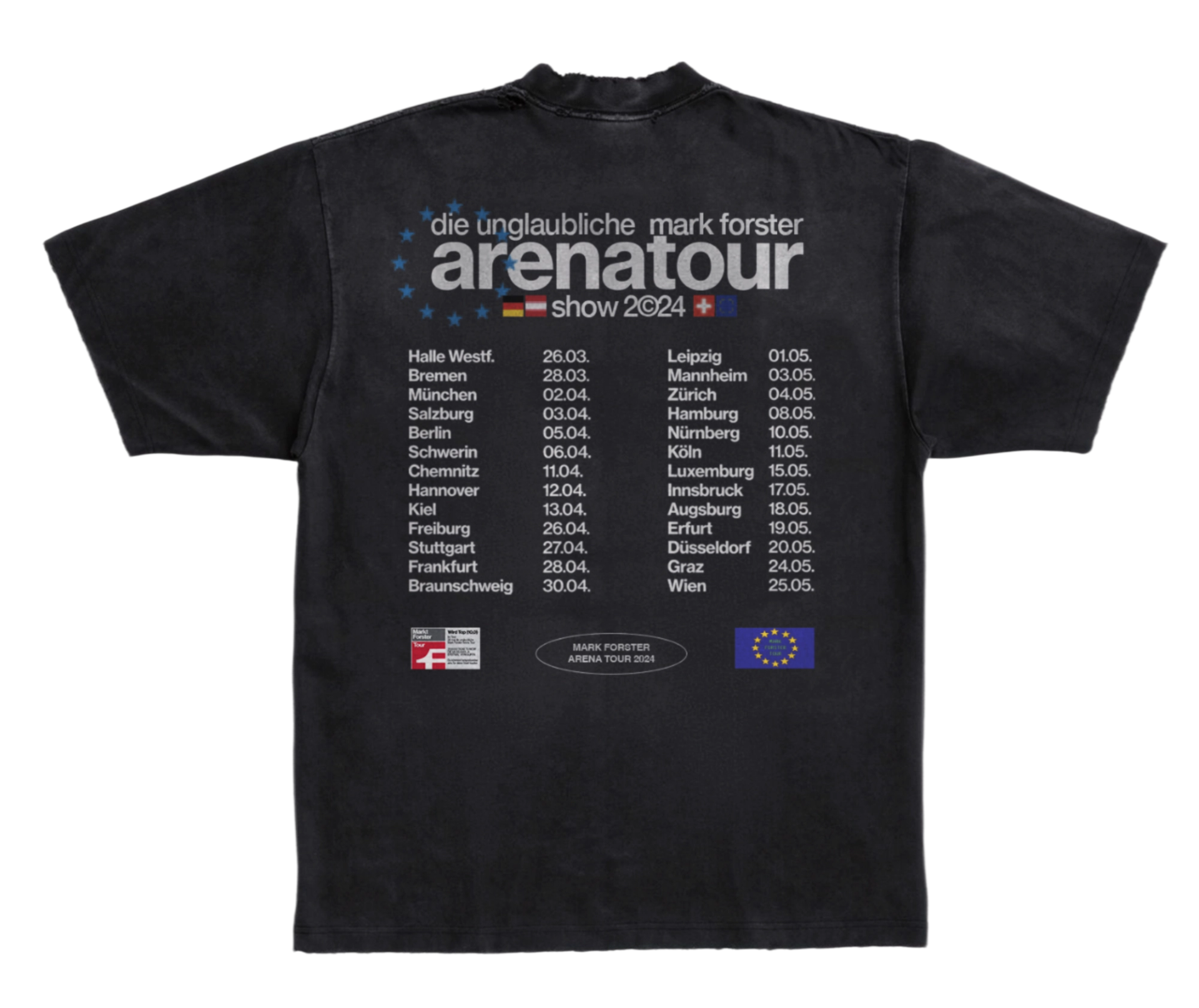 Back of the black tour T-shirt: the "arenatour" logo in a ring of blue stars above two columns with 26 dates from Halle to Wien.