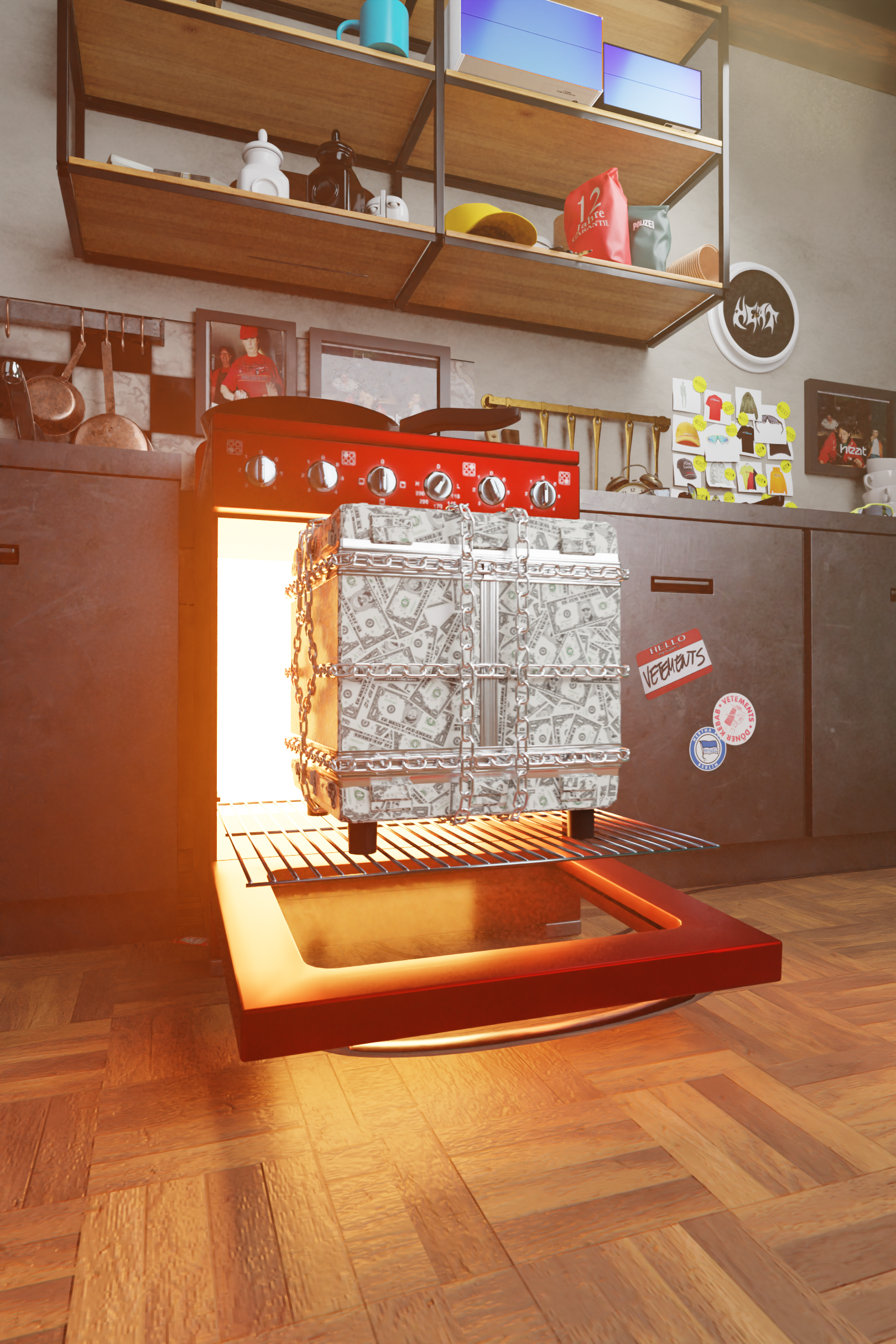 Low-angle view of the open red oven, the dollar-print box bound in chains sitting on the rack in warm light from inside.