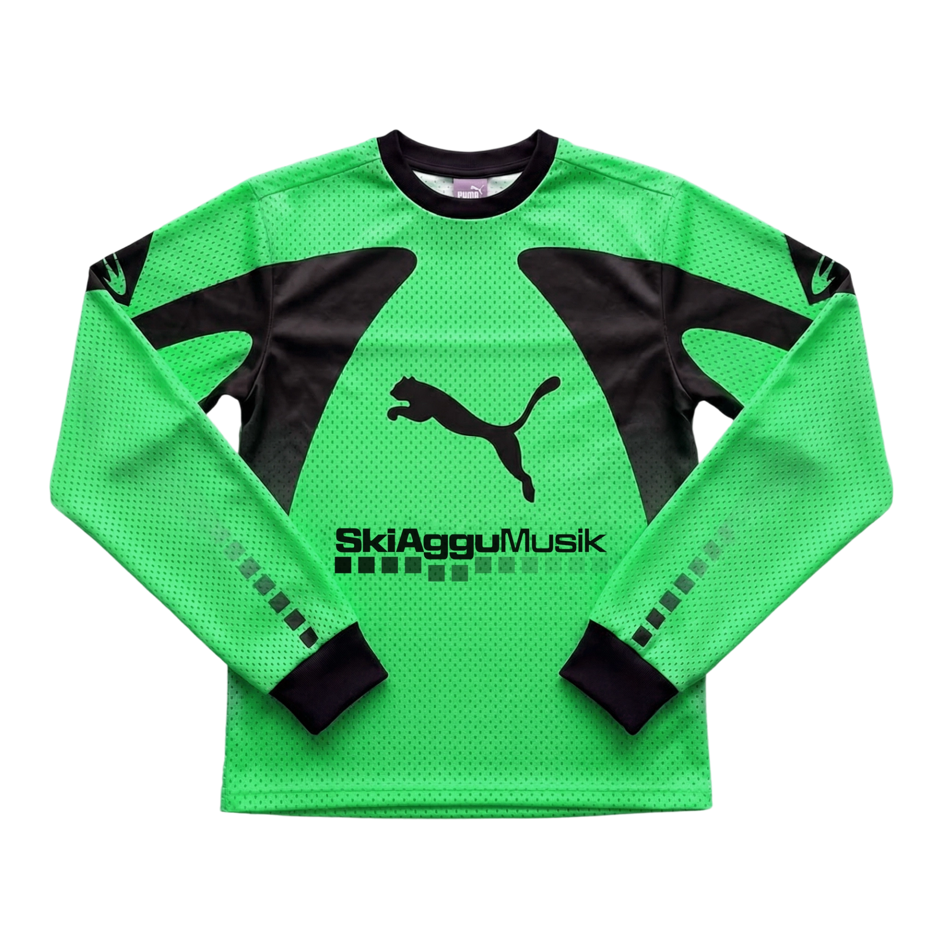 Bright green long-sleeve PUMA jersey with black panels and SkiAgguMusik lettering.