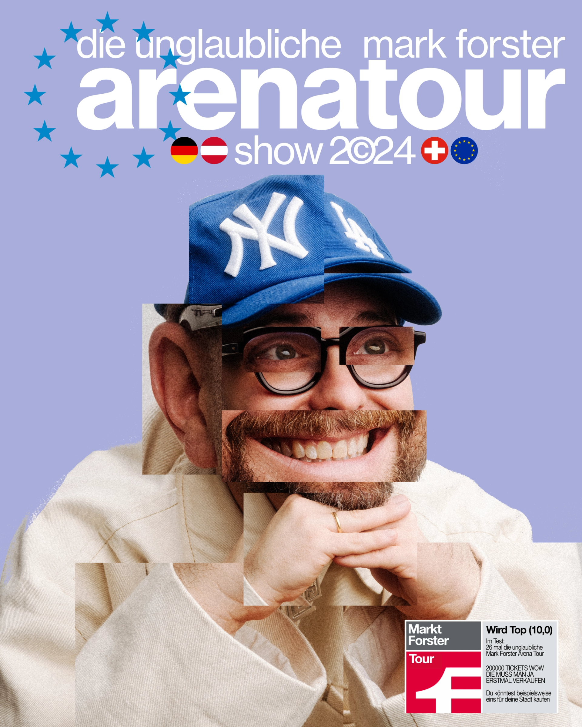 Mark Forster's arena tour poster on lilac: the artist's smiling portrait in glasses and a blue baseball cap, cut into offset rectangles, under the white tour logo.