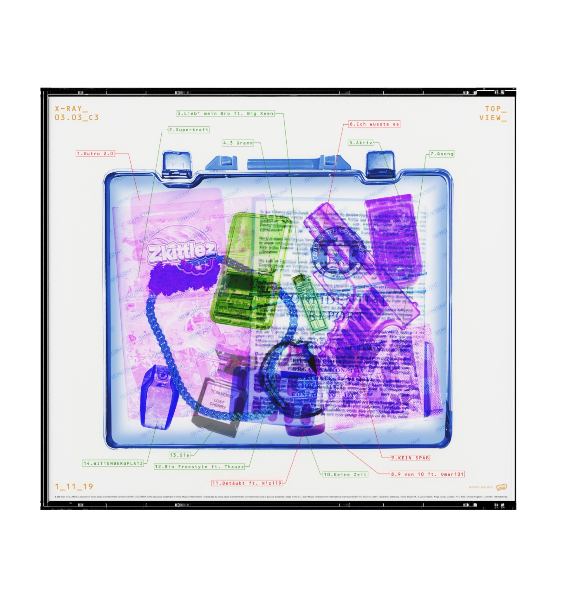 Back cover of the CD: a blue and purple X-ray view of the suitcase's contents, with the fourteen track titles as labels pointing to the items.