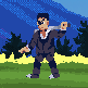 Dark-suited yakuza enemy standing in the meadow level, with yellow grass and dark trees under a blue sky behind him.