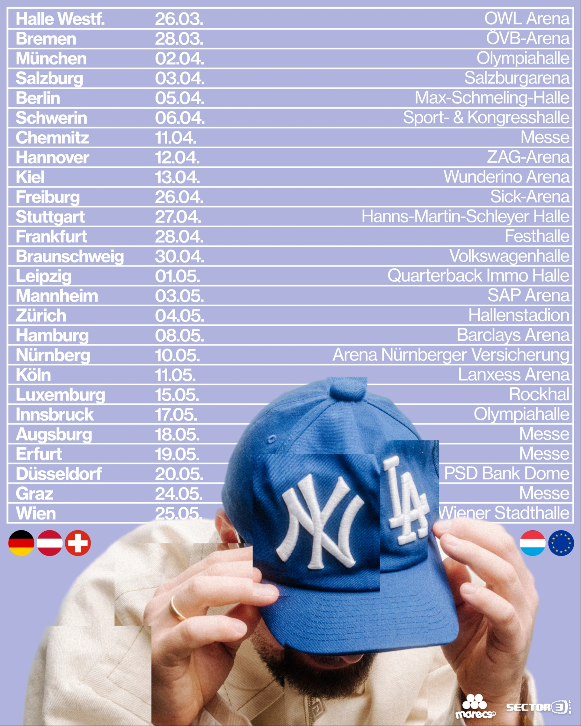Tour dates poster: a table of 26 shows from Halle Westfalen to Wien on lilac, above the artist pulling his blue cap down over his face.