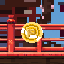 Gold "P" coin hovering above the red railing of the temple bridge.