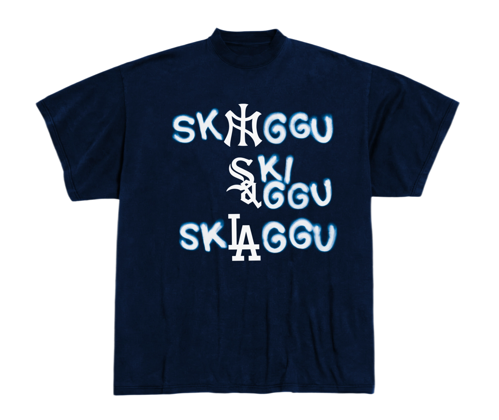 Front of the navy tour T-shirt: the name "Ski Aggu" three times in blurred white spray lettering, each with letters swapped for a baseball-style monogram.