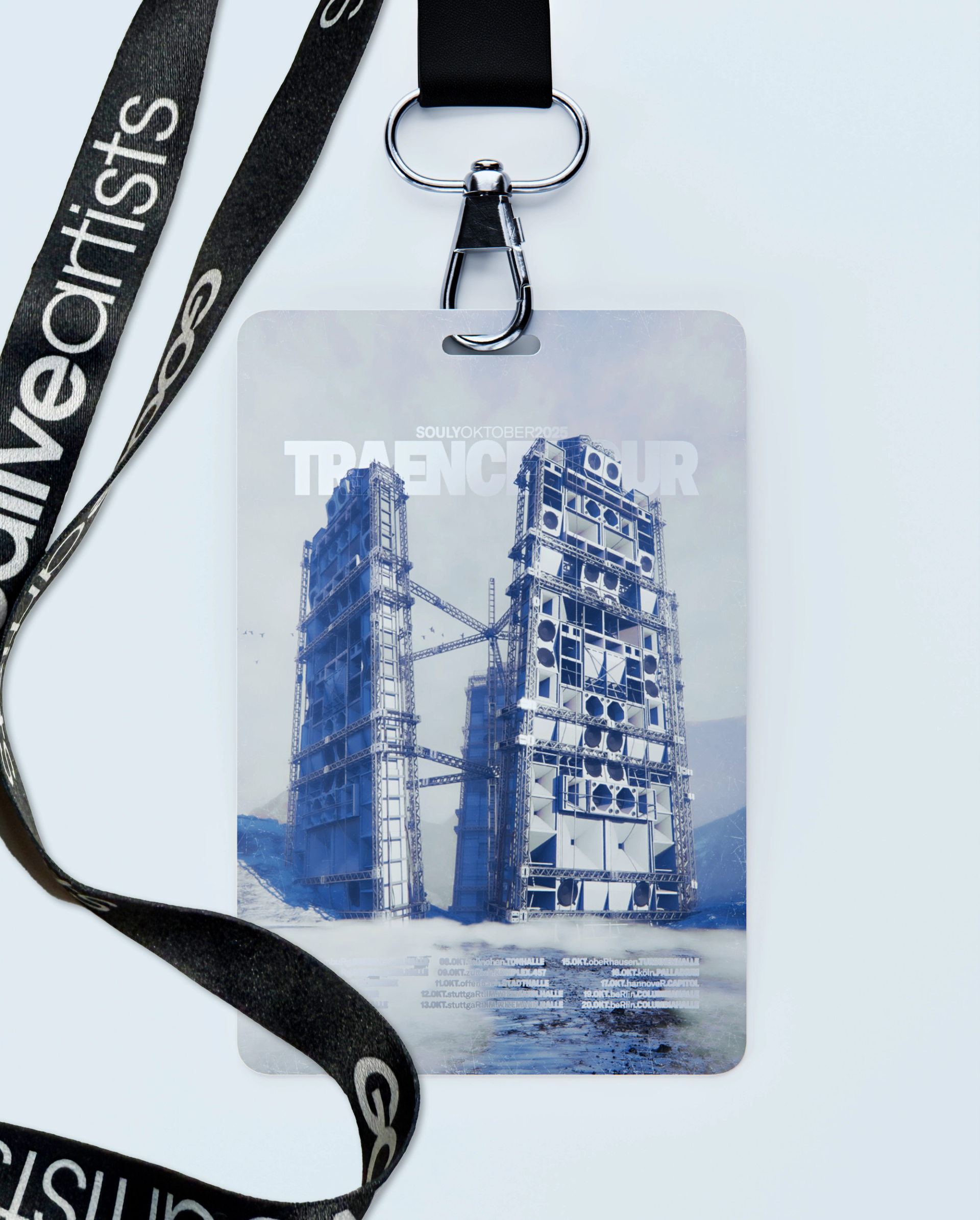 Mockup of a TRAENCE tour pass printed with the poster artwork, clipped to a black lanyard with white lettering.