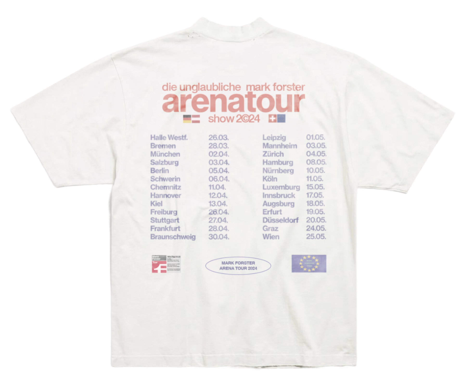 Back of the white tour T-shirt: the red "arenatour" logo above the 26 tour dates in blue, with small badges and an EU flag below.