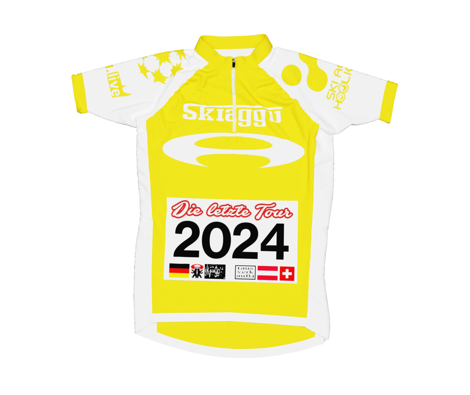 Front of the yellow and white short-sleeved cycling jersey, with a race-number panel reading "Die letzte Tour 2024" on the chest.
