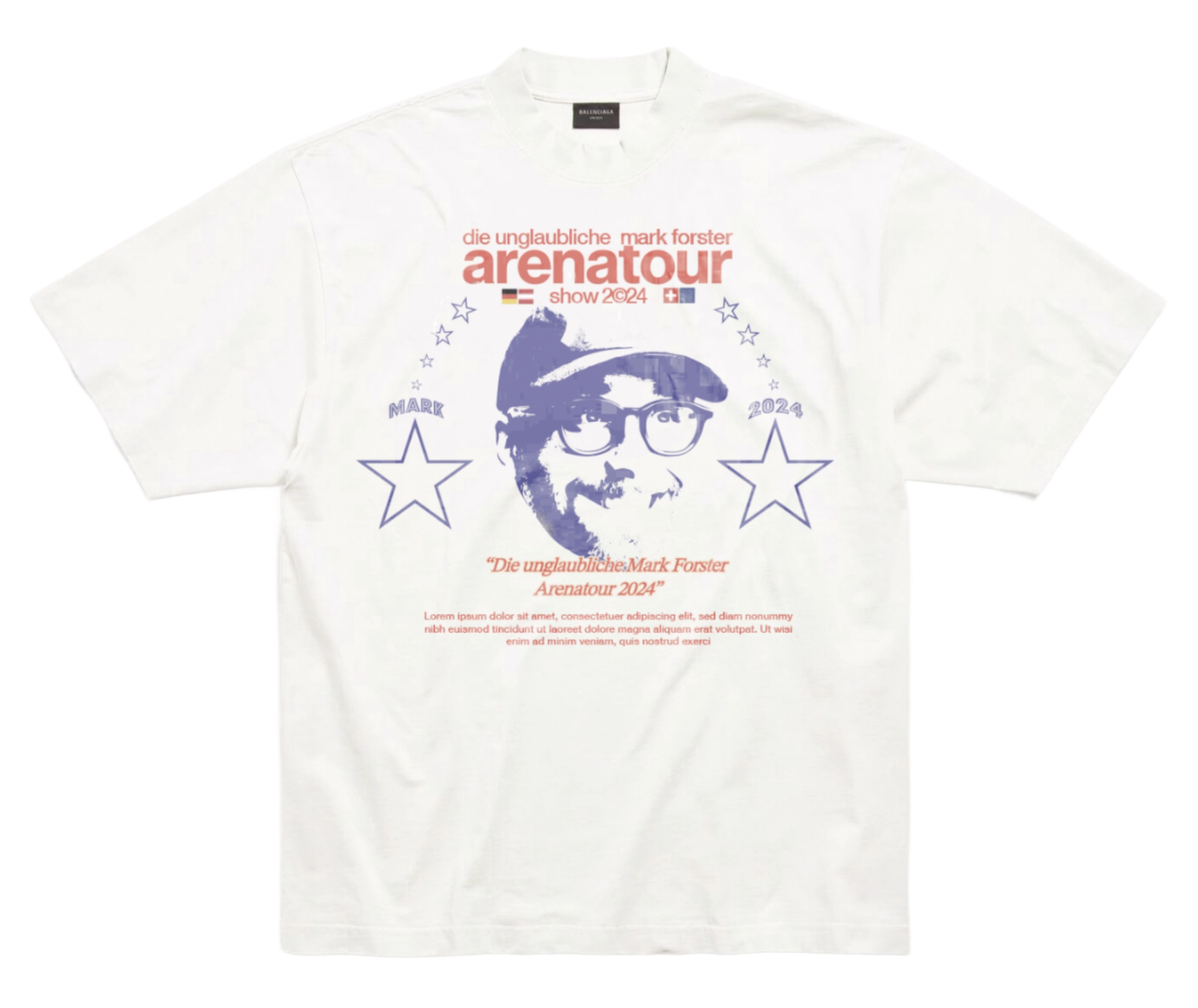 White tour T-shirt with the "arenatour" logo in red above a blue halftone portrait of the artist in cap and glasses, flanked by two stars.