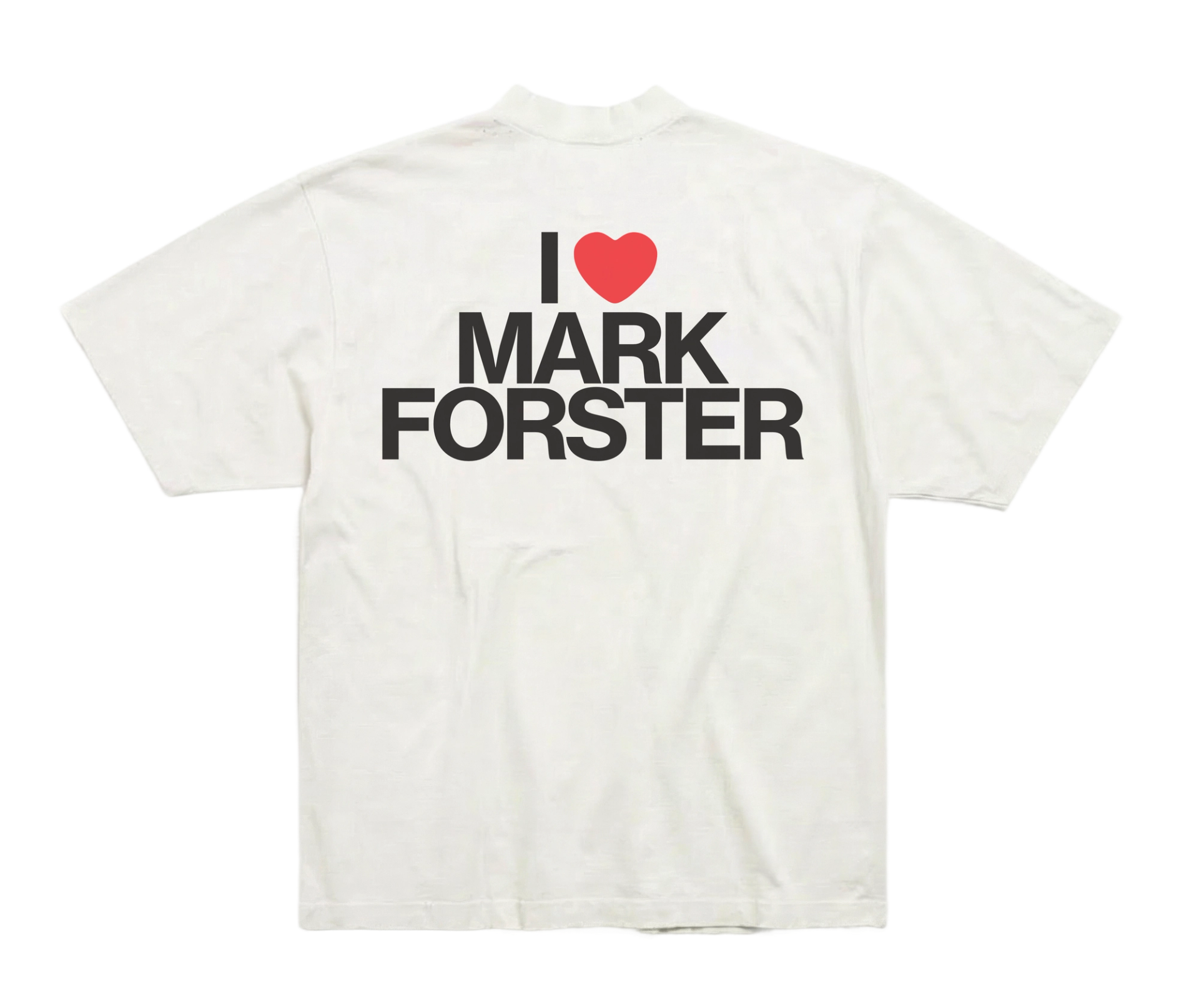 White souvenir-style T-shirt: a capital I and a red heart above "MARK FORSTER" in heavy black capitals.