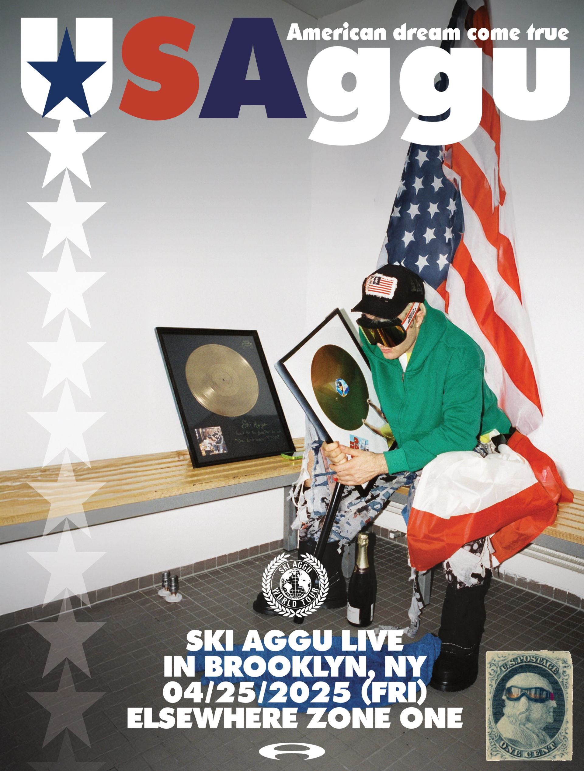 Tour poster headed "USAggu" in red, white and blue: the artist with a gold record in front of a US flag, announcing Ski Aggu live in Brooklyn on 04/25/2025.