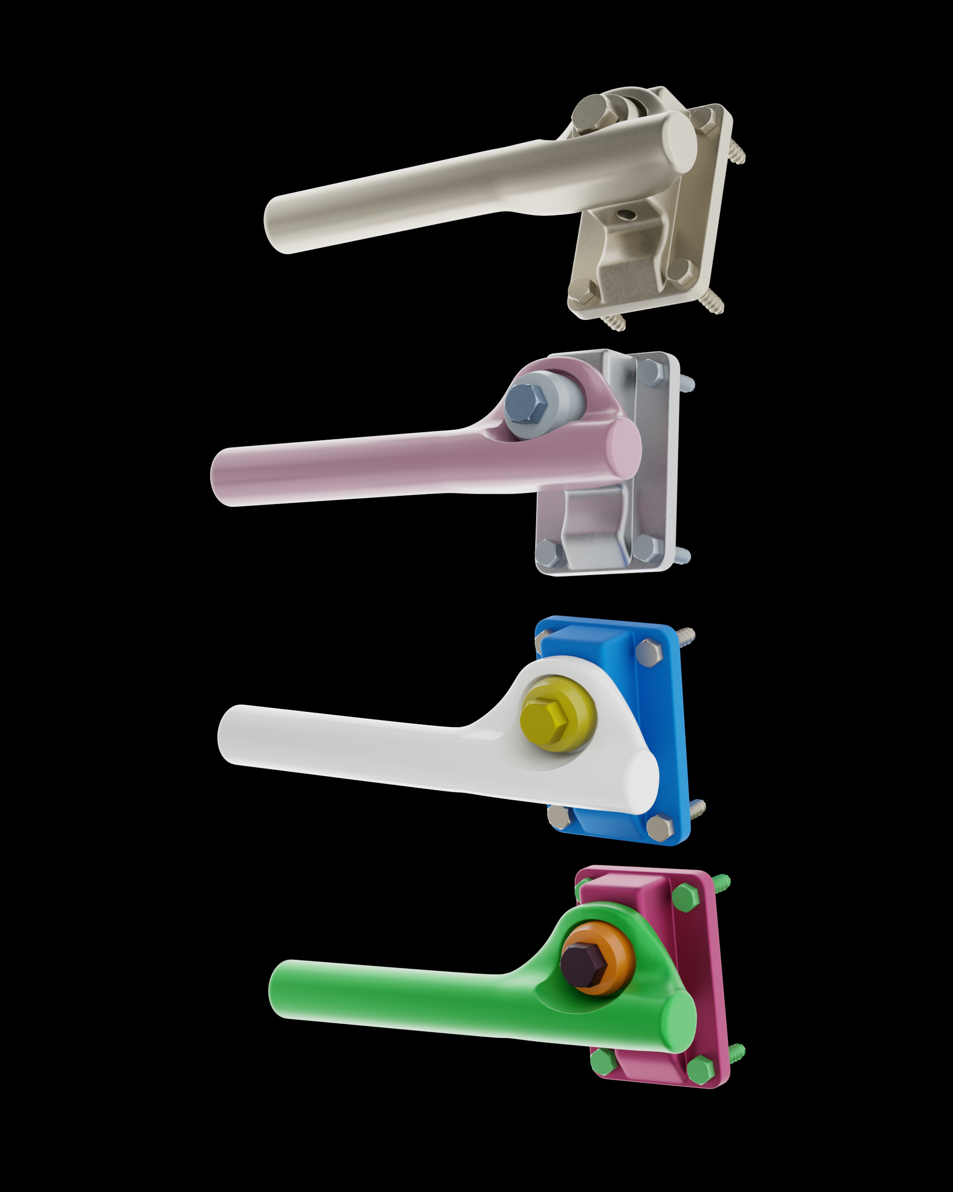 Four colour variants of the door handle stacked vertically on black at an angle: champagne metal, pink, white on a blue plate and green on a magenta plate.