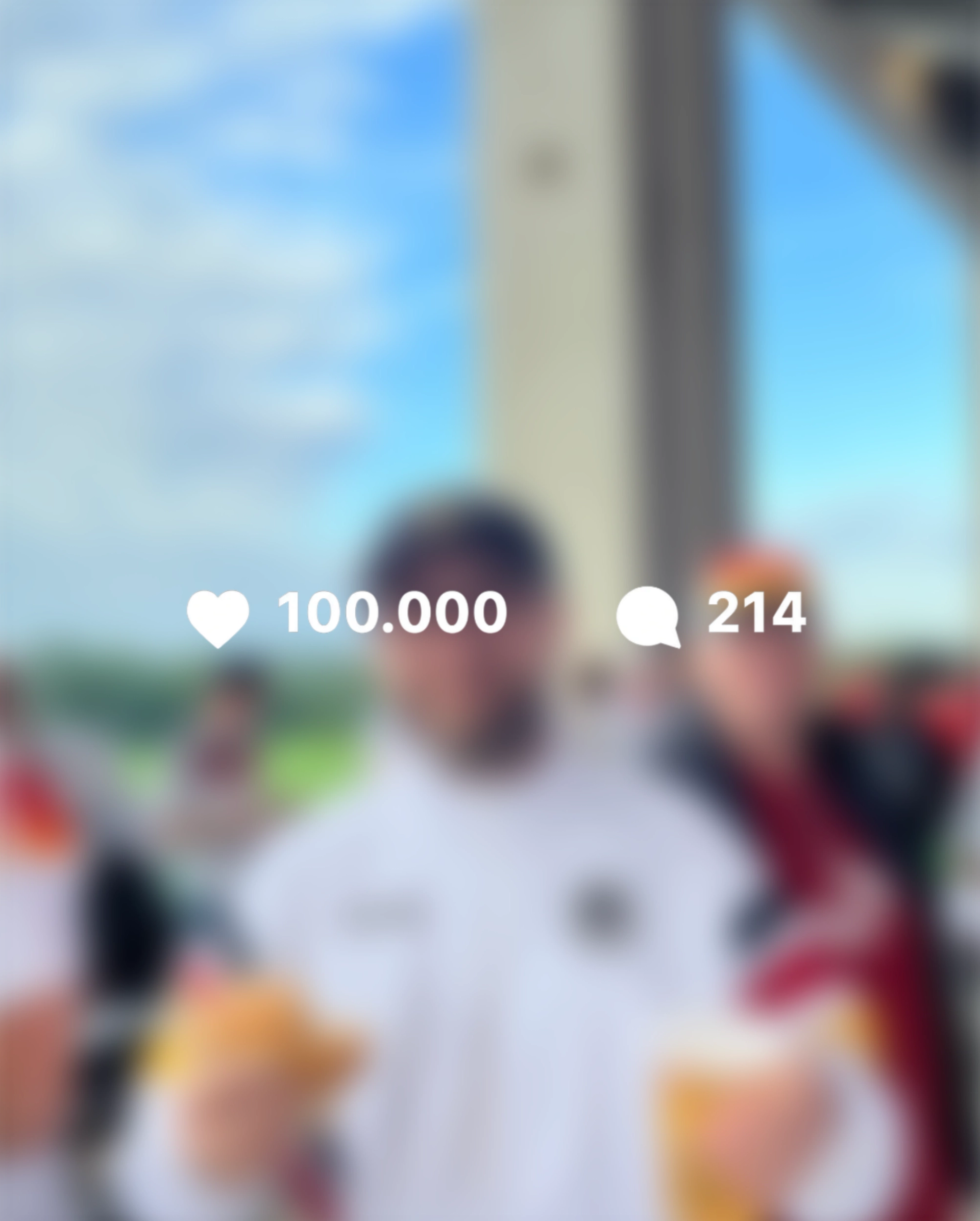 Darkened Instagram post with 100.000 likes and 214 comments: Mark Forster in a white Germany football jacket holds a bread roll and a beer among fans.