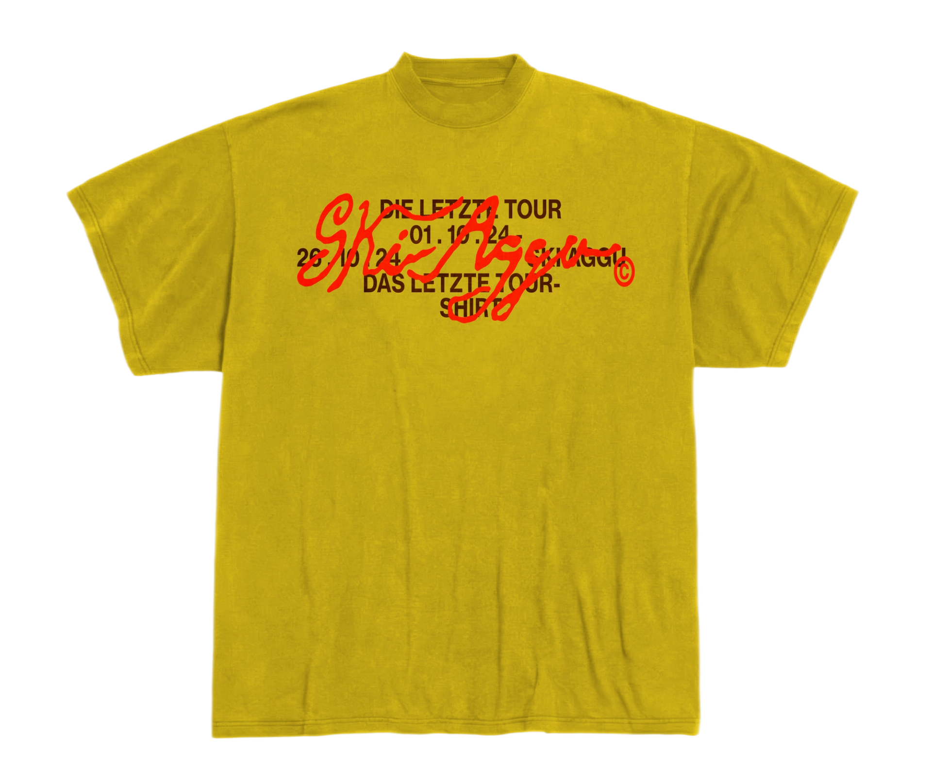 Mustard-yellow tour T-shirt with the tour details in brown type on the chest, overwritten by a red handwritten signature logo.