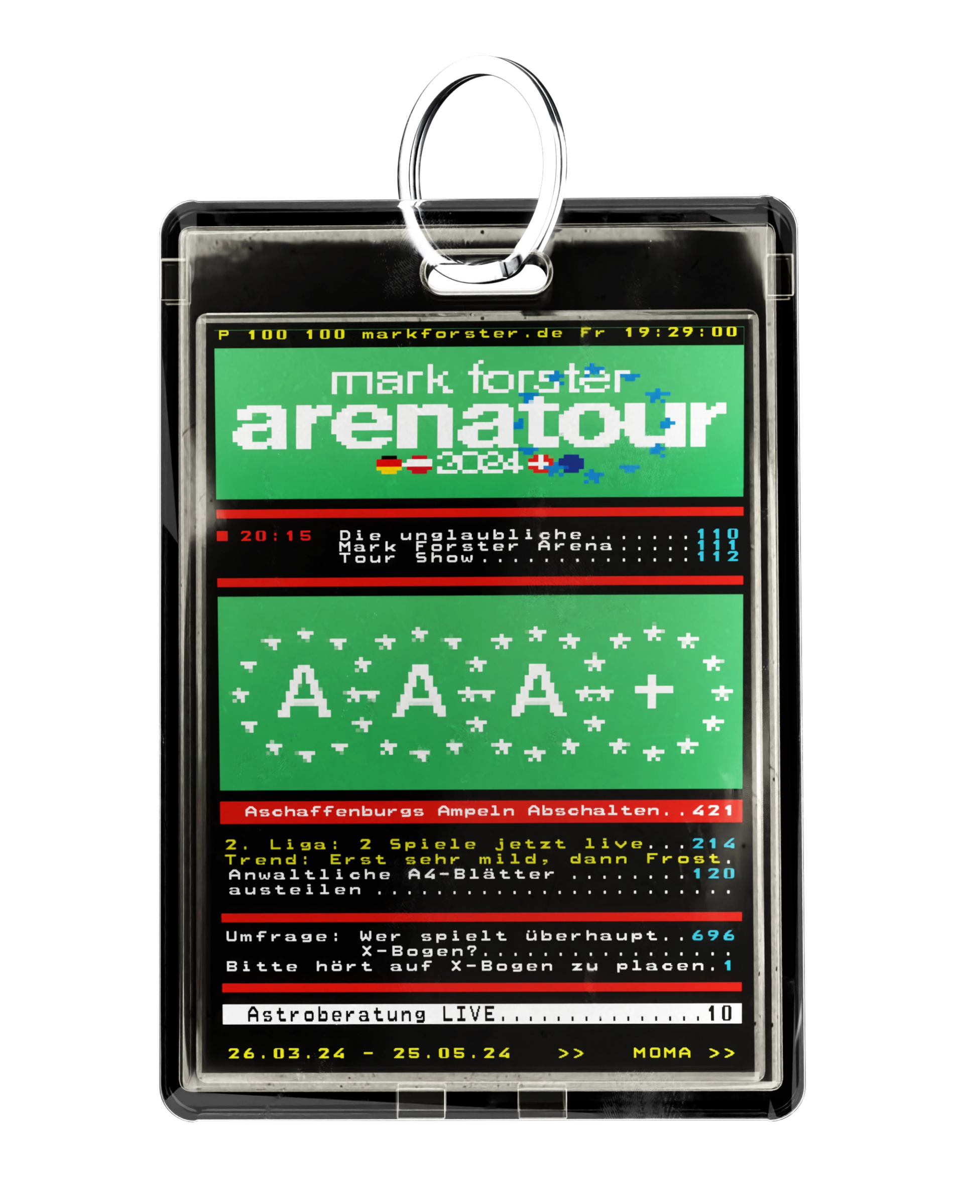 Green variant of the pass marked AAA+, with the same teletext layout, red dividers and yellow tour dates along the bottom.