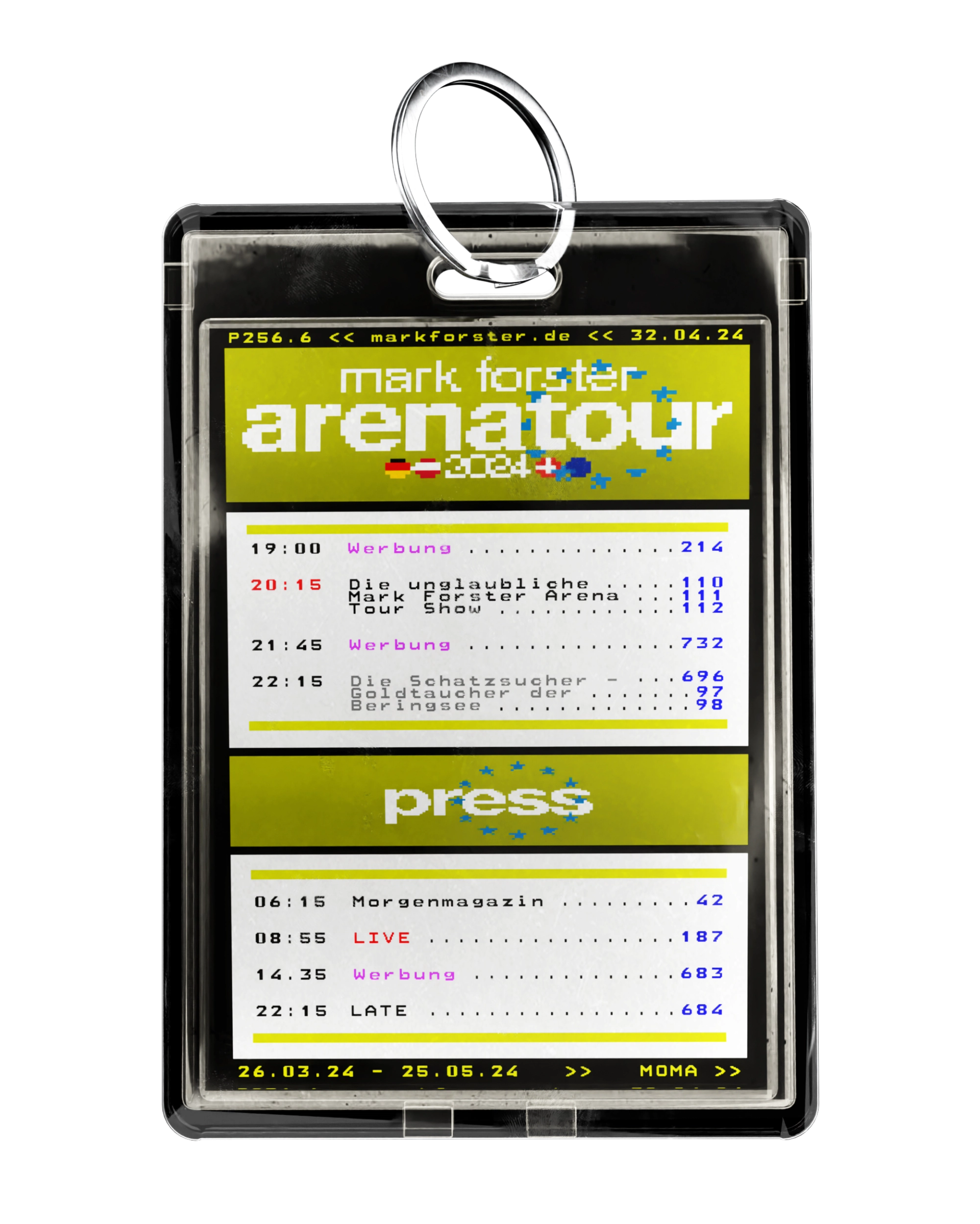 Olive-yellow "press" pass with the same mock TV schedule, the word set in a ring of blue stars.