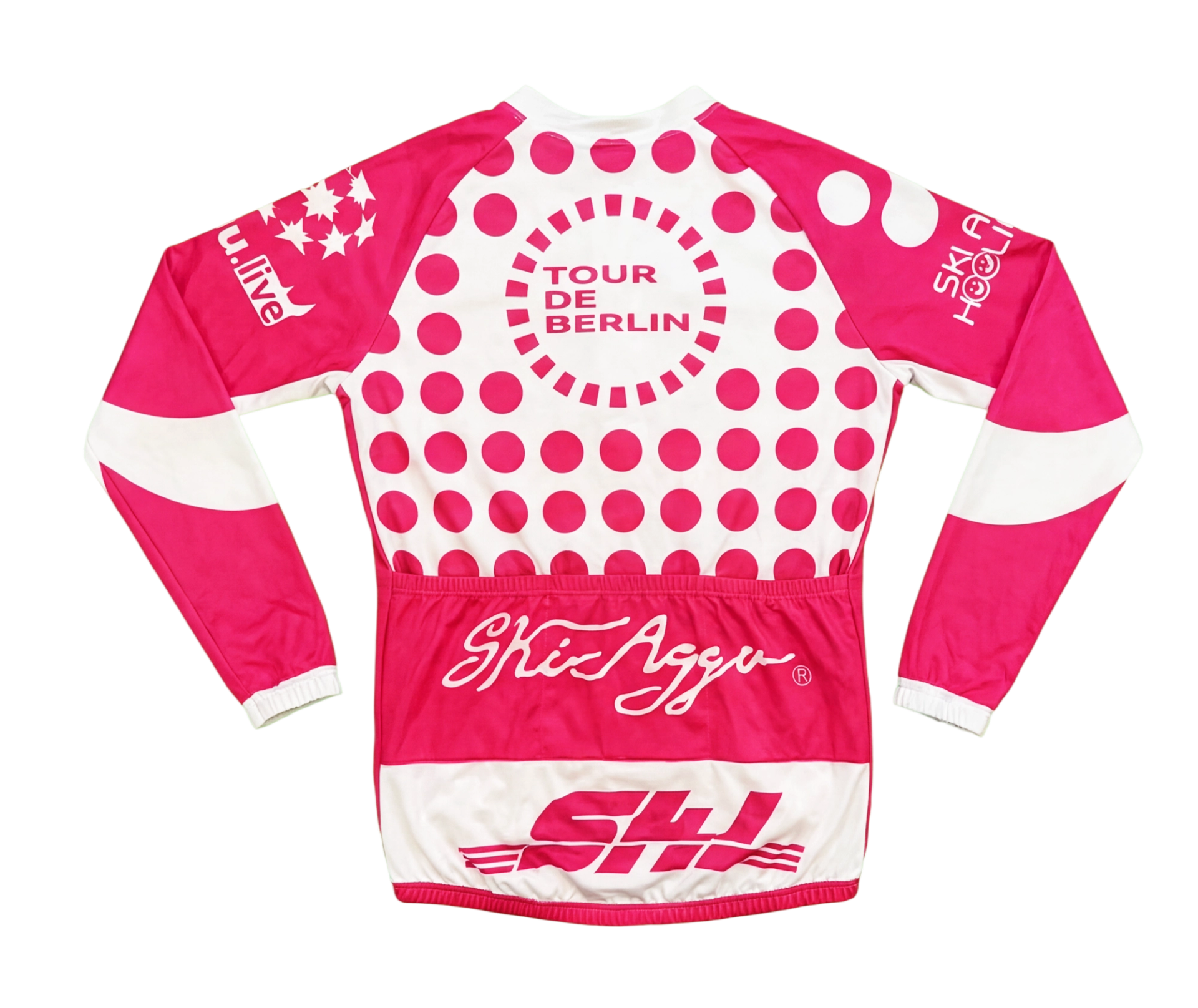Back of the pink long-sleeved jersey: pink polka dots around a "TOUR DE BERLIN" roundel, with a signature logo on the rear pocket.