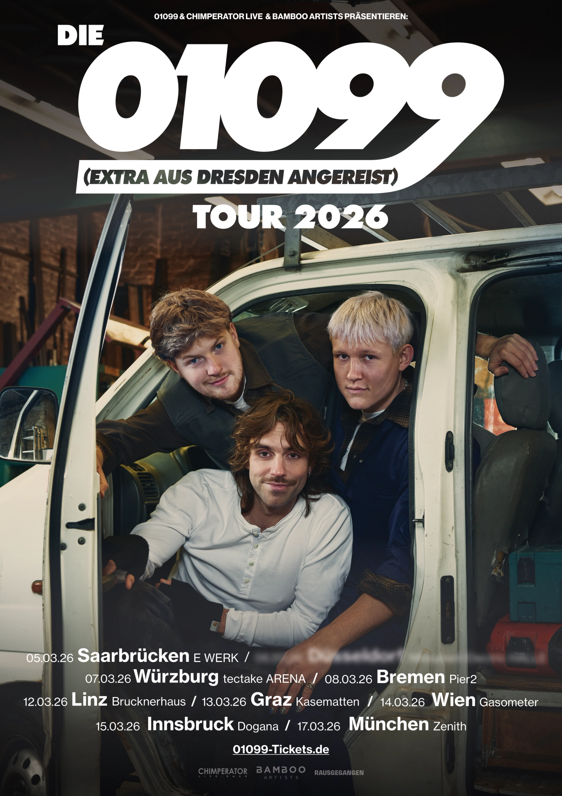 01099 tour poster for 2026: the band in the van door under the tour logo, with dates from Saarbrücken to München.