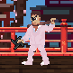 Yakuza enemy in a pale pink suit on the red temple bridge, arm raised for a shuriken throw.