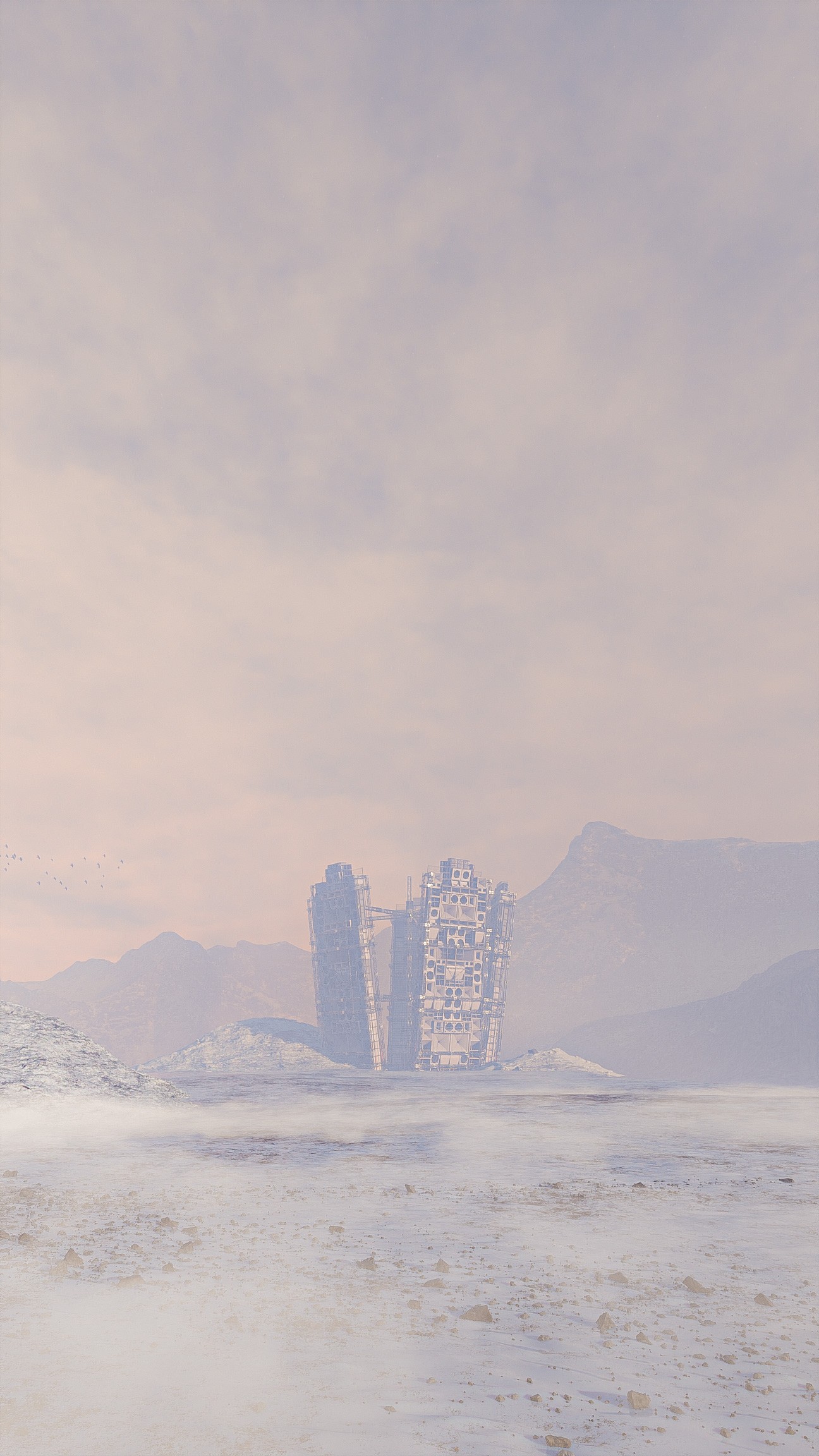 The towers far off in pink haze, small against the mountains, with a stony snow-covered foreground.
