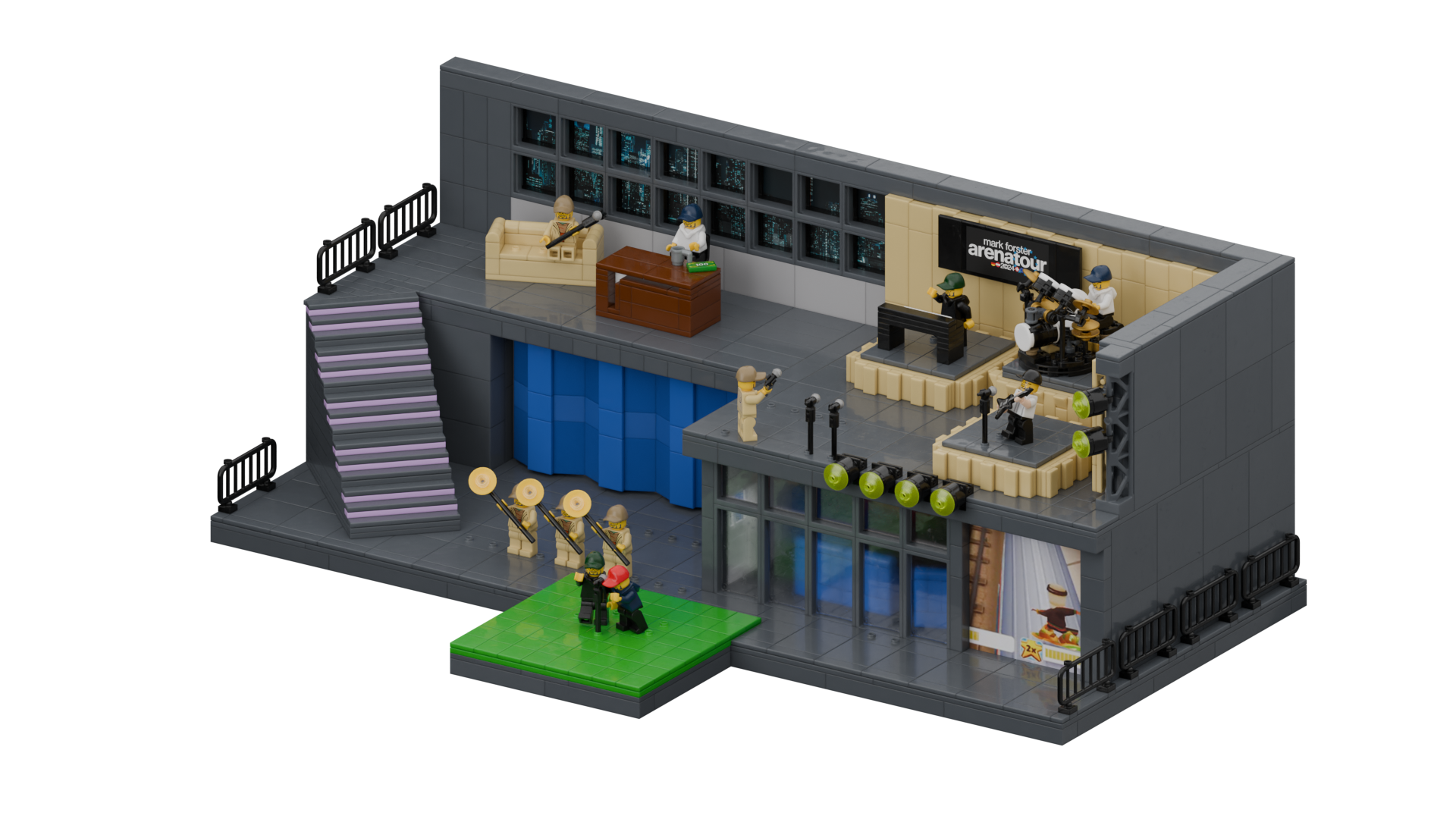 Isometric render of the complete Lego stage on black: stairs, host desk and couch upstairs, band risers, light bars and the green front platform.