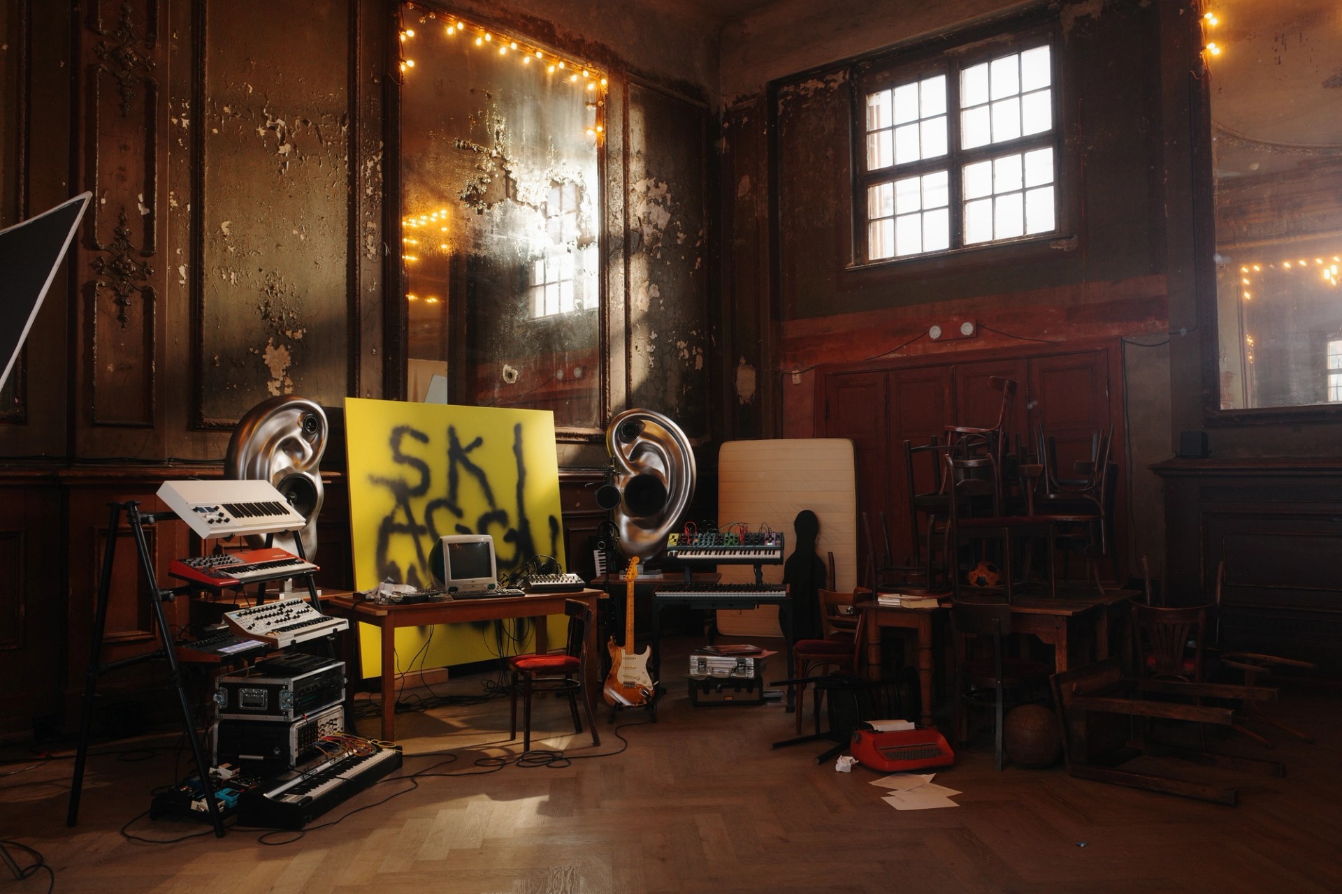 Wide view of the SkiAgguMusik set, with keyboards, ear-shaped speakers and a yellow sign beneath tall windows and mirrored wall panels.