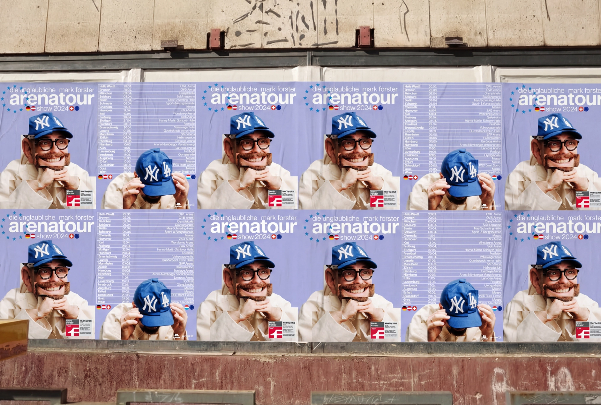 Two rows of the tour posters pasted along a weathered street wall, the portrait motif alternating with the dates poster.