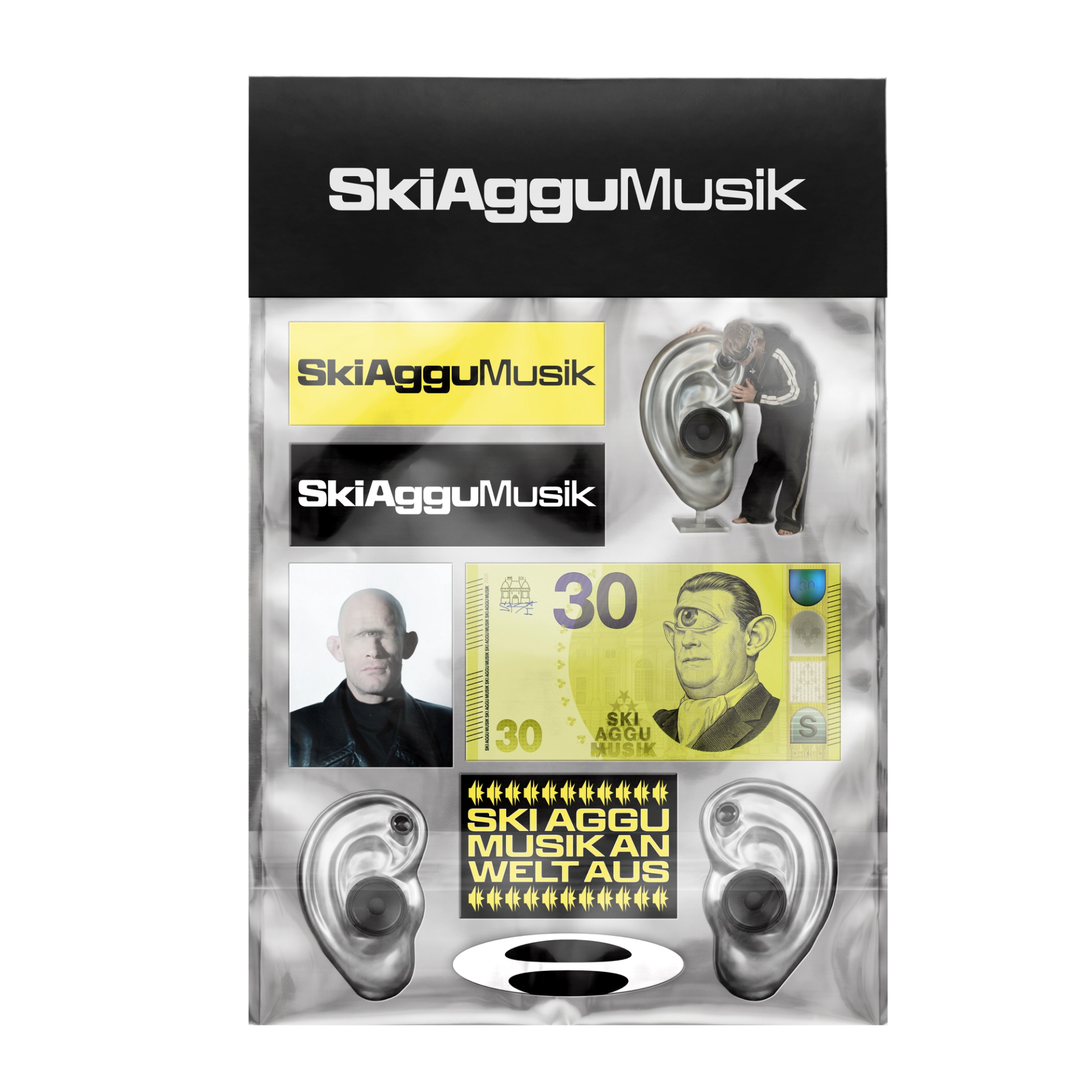 SkiAgguMusik sticker pack with album logos, portrait graphics and metallic ear-speaker illustrations.