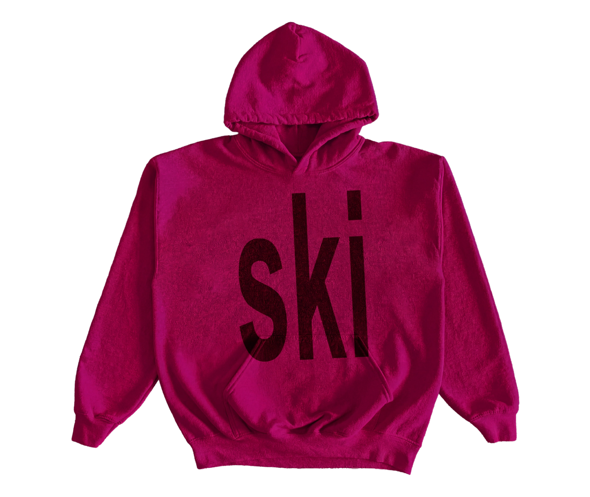 Magenta hoodie with "ski" in tall, dark condensed letters running down the chest and over the front pocket.