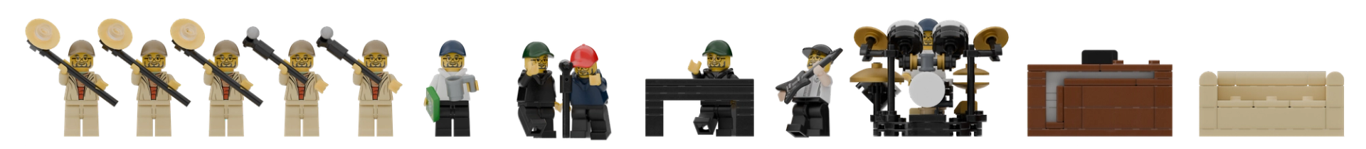 Line-up of the Lego model's parts on black: camera and sound minifigures, band members, the drum kit, the host desk and the couch.