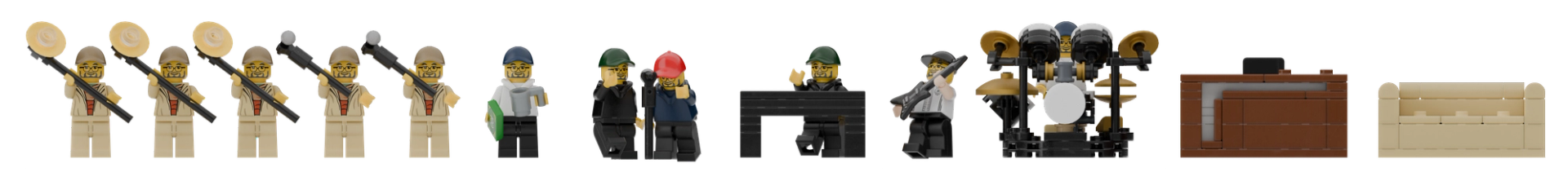 Line-up of the Lego model's parts on black: camera and sound minifigures, band members, the drum kit, the host desk and the couch.