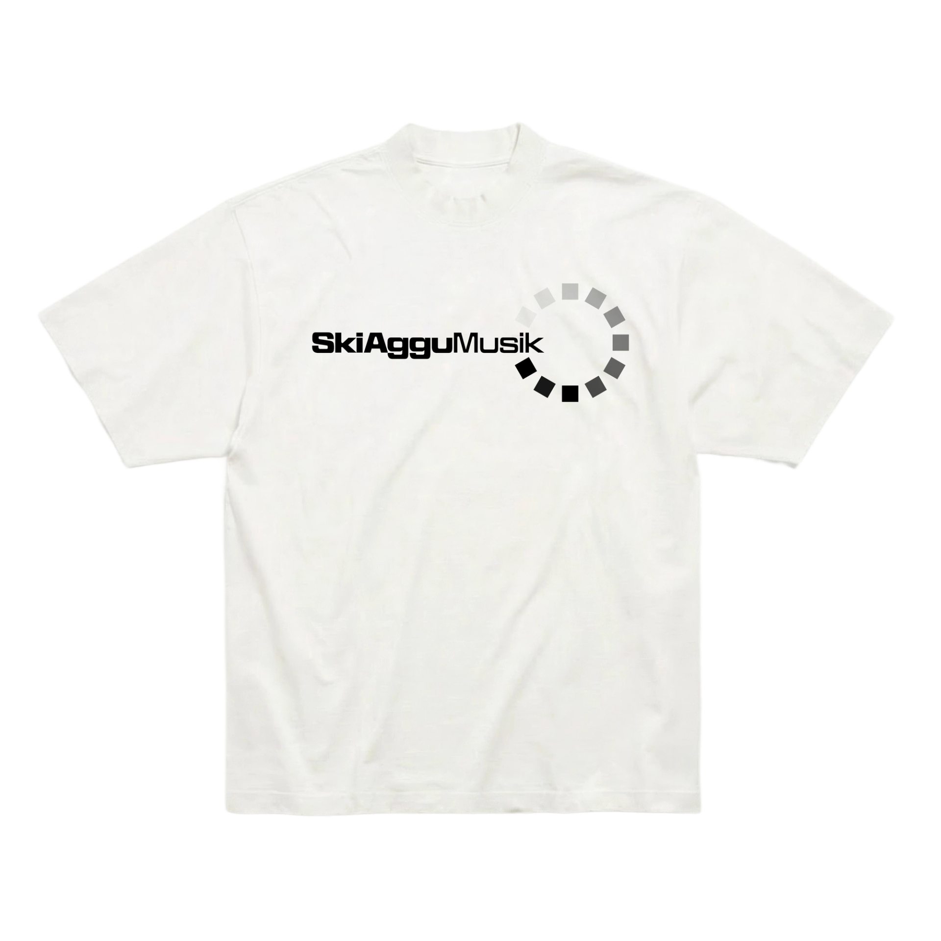 White SkiAgguMusik T-shirt with a black album logo and a circular graphic on the chest.