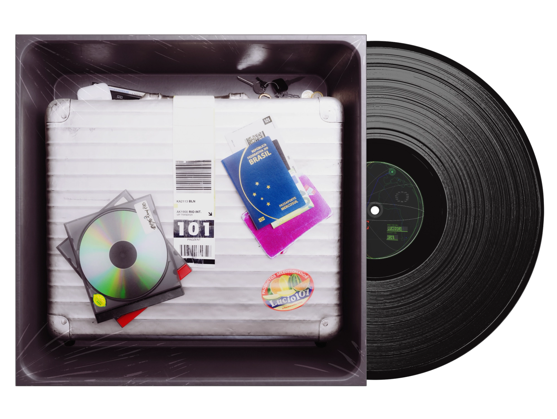 Vinyl edition mockup: the shrink-wrapped sleeve with the suitcase cover and a black record half pulled out, its label printed with a green radar graphic.