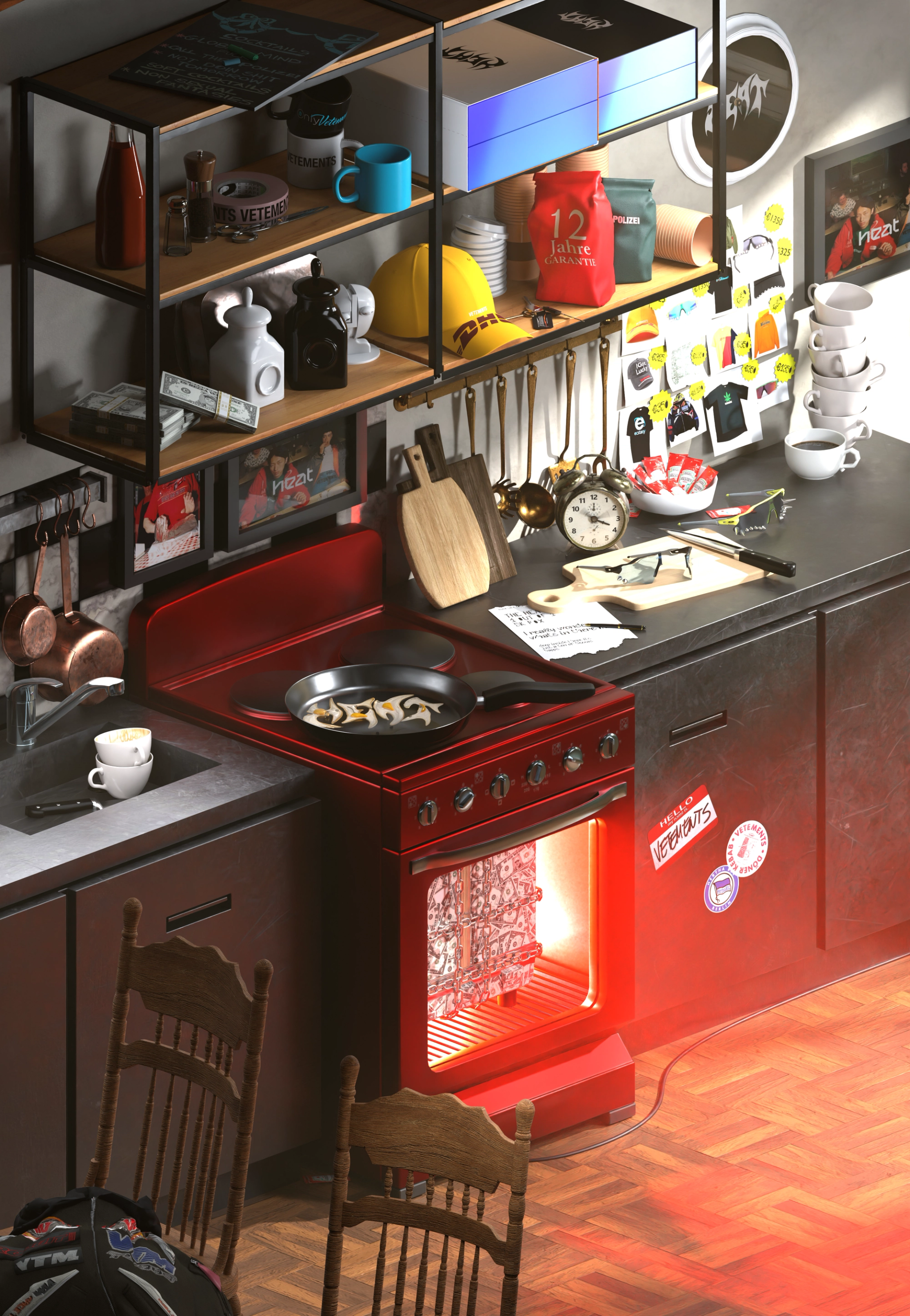Isometric view of the kitchen with the red oven closed and glowing, a frying pan on the hob and shelves crowded with HEAT boxes, mugs and a yellow cap.