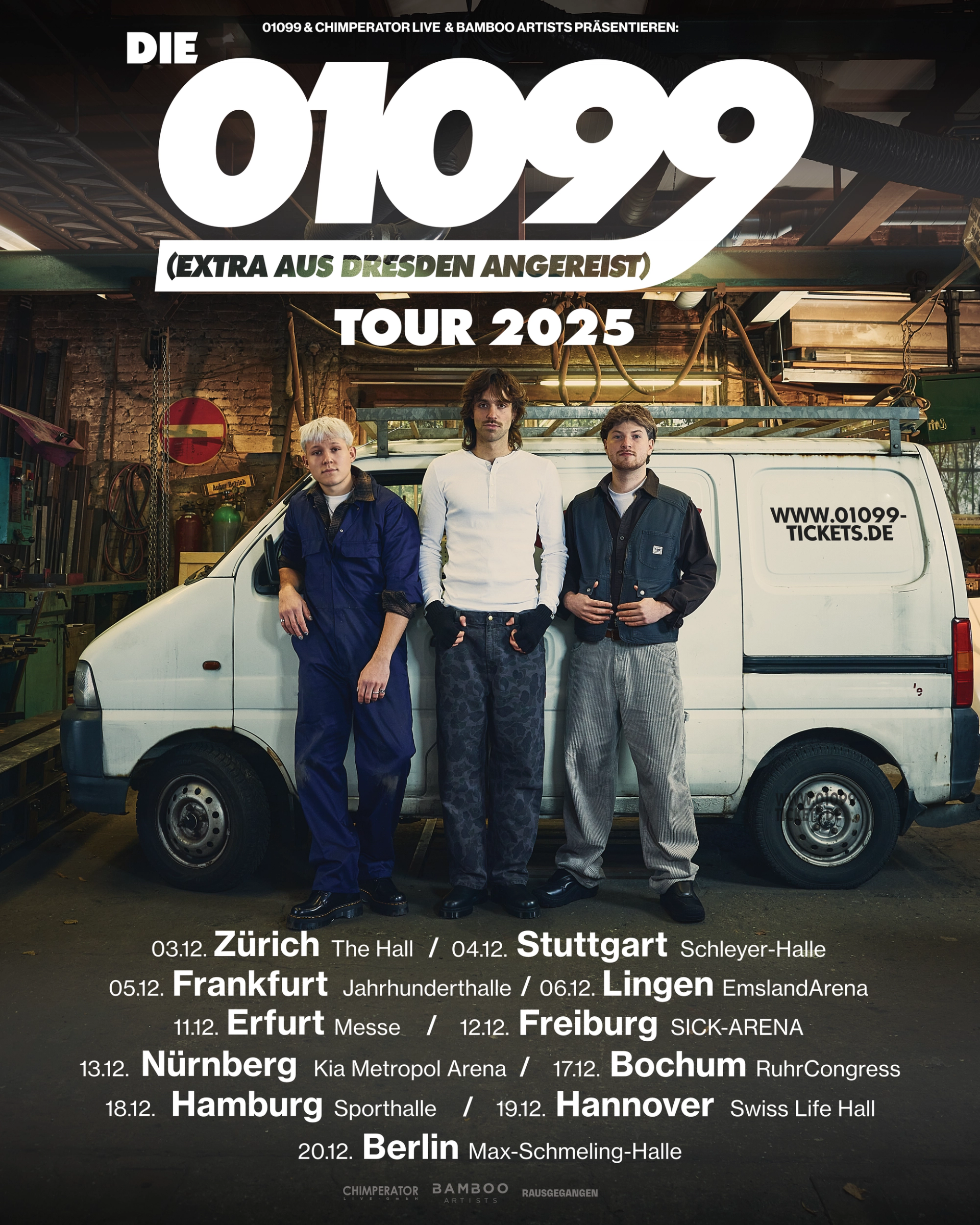01099 tour poster for 2025: the band in front of the van under the tour logo, with eleven dates from Zürich to Berlin.