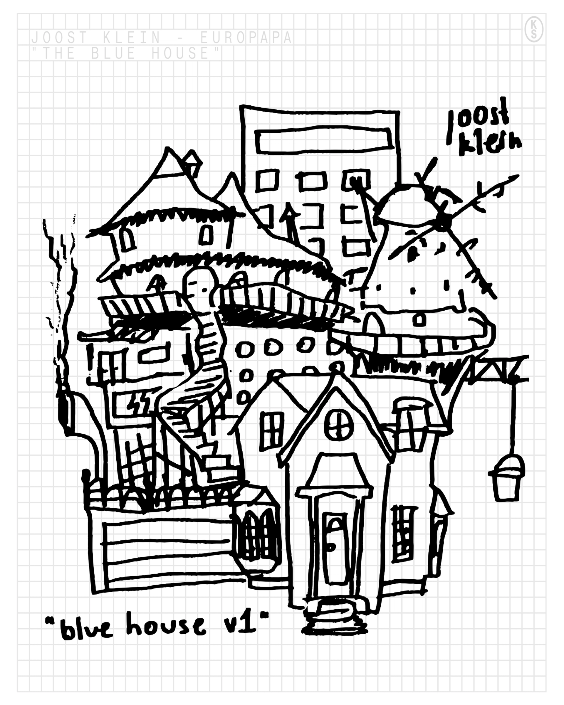 Joost Klein's hand-drawn sketch on grid paper, labelled "blue house v1": stacked houses, a tower block, a windmill and a crane in black line.
