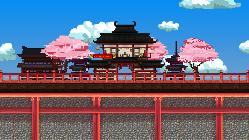 Temple scene from the game: a black-roofed Japanese temple between pink cherry trees, behind a red wooden bridge on stone foundations.