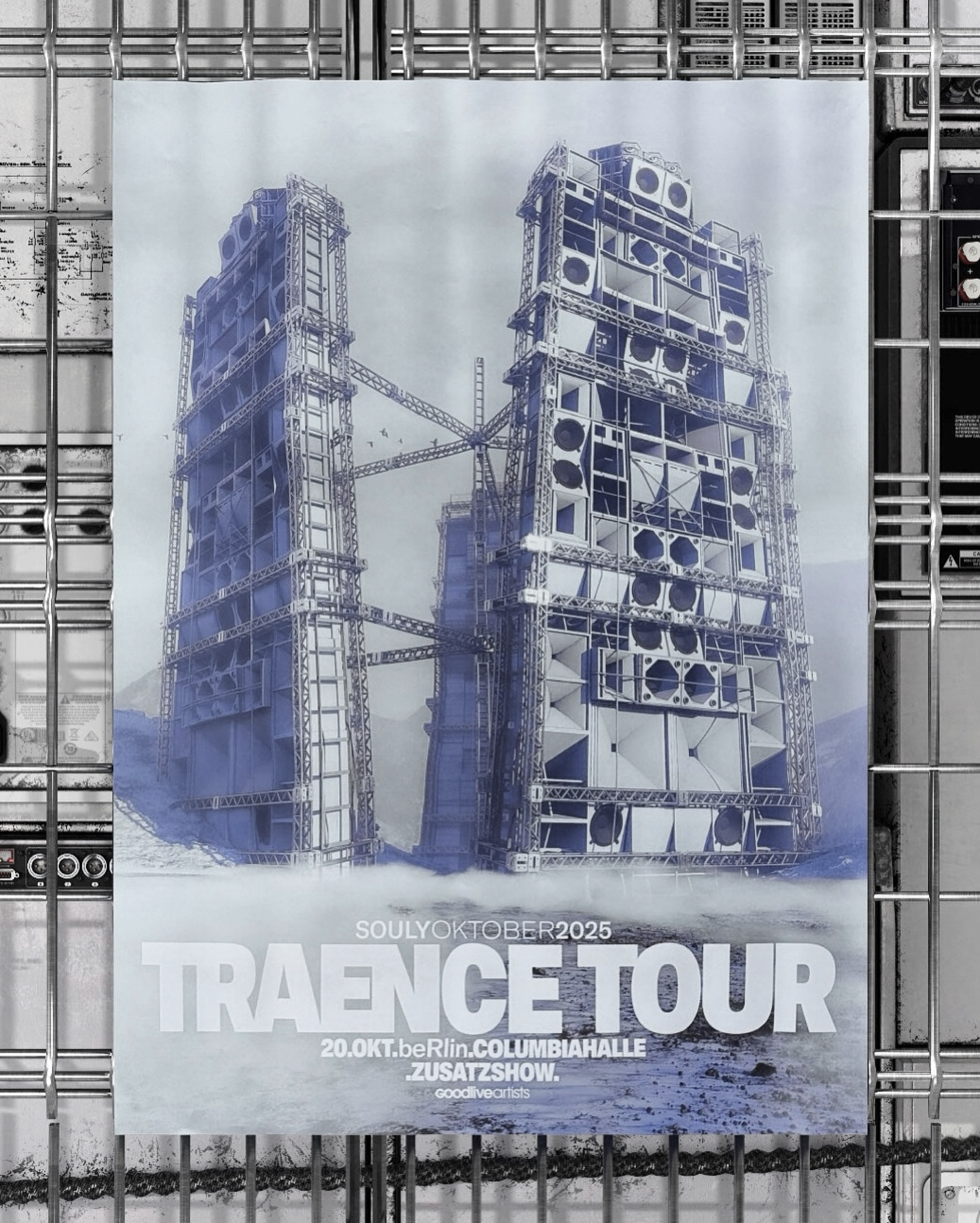 Poster for the extra TRAENCE tour show in Berlin, the blue-tinted speaker towers above the headline, hung on a metal grid.