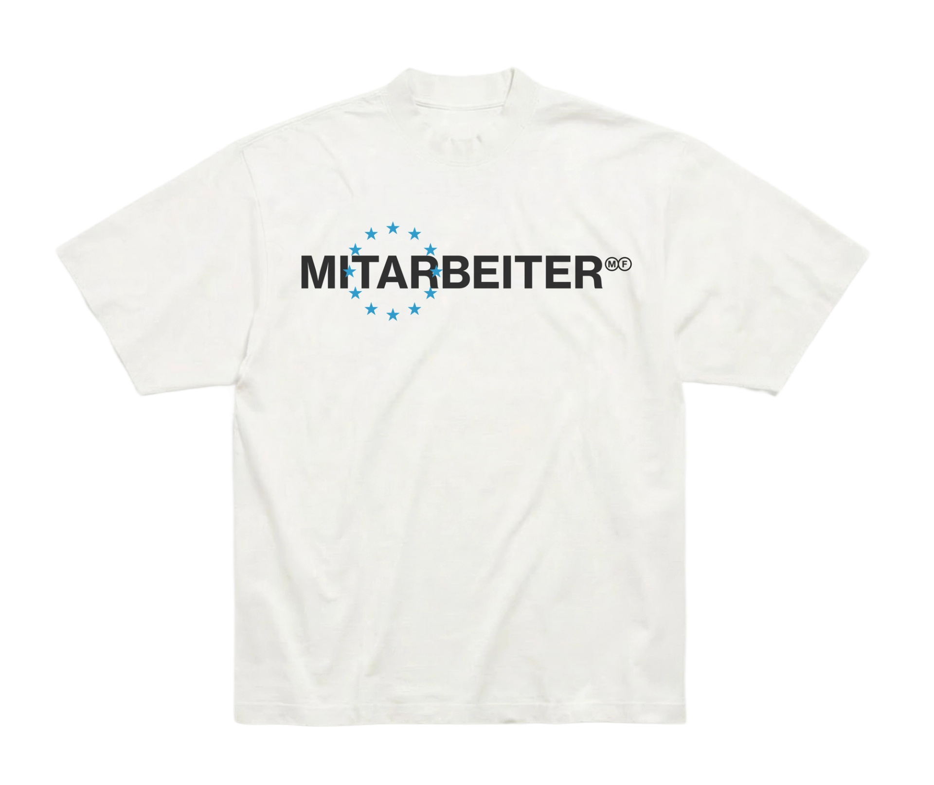 White T-shirt with "MITARBEITER" in black capitals running through a ring of blue stars.