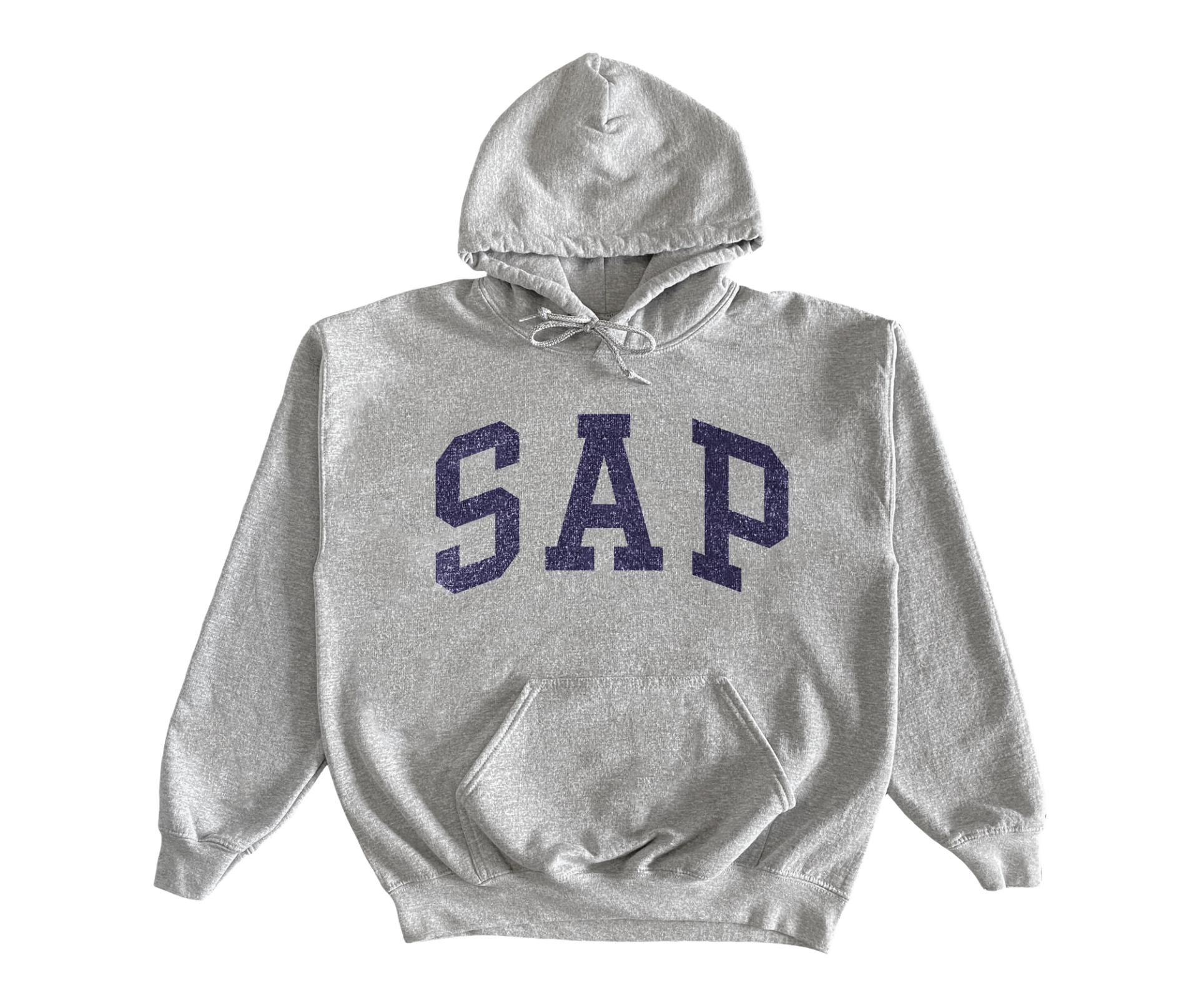 Grey hoodie with "SAP" in navy collegiate letters arched across the chest, laid flat on black.