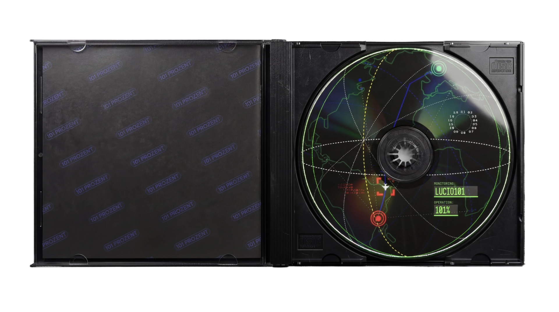 Open black jewel case: the radar-map CD on the right and an inlay patterned with repeating "101 PROZENT" stamps on the left.