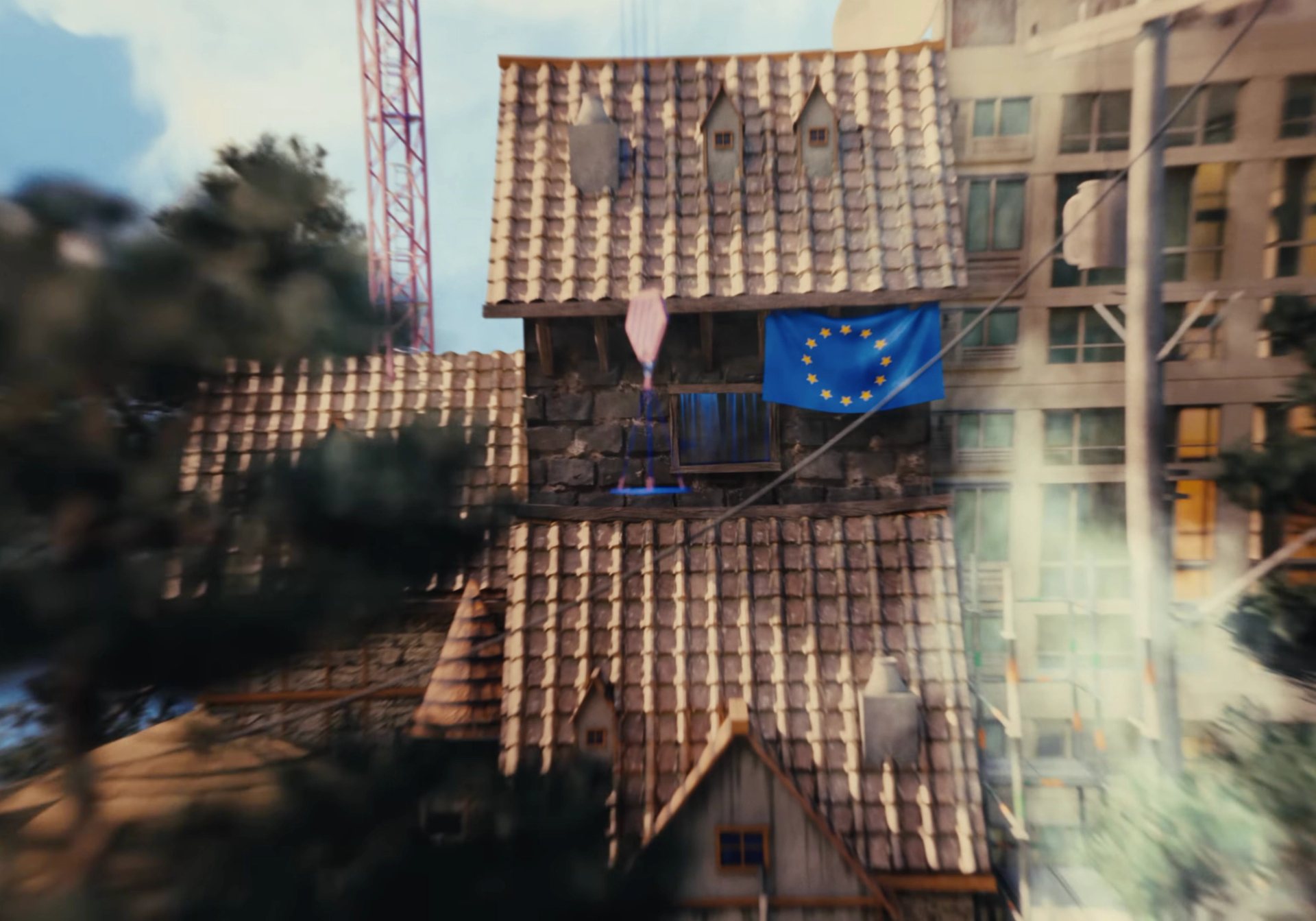Close-up of the 3D model: weathered tiled roofs, an EU flag hanging below a window, a red crane and an apartment block behind.