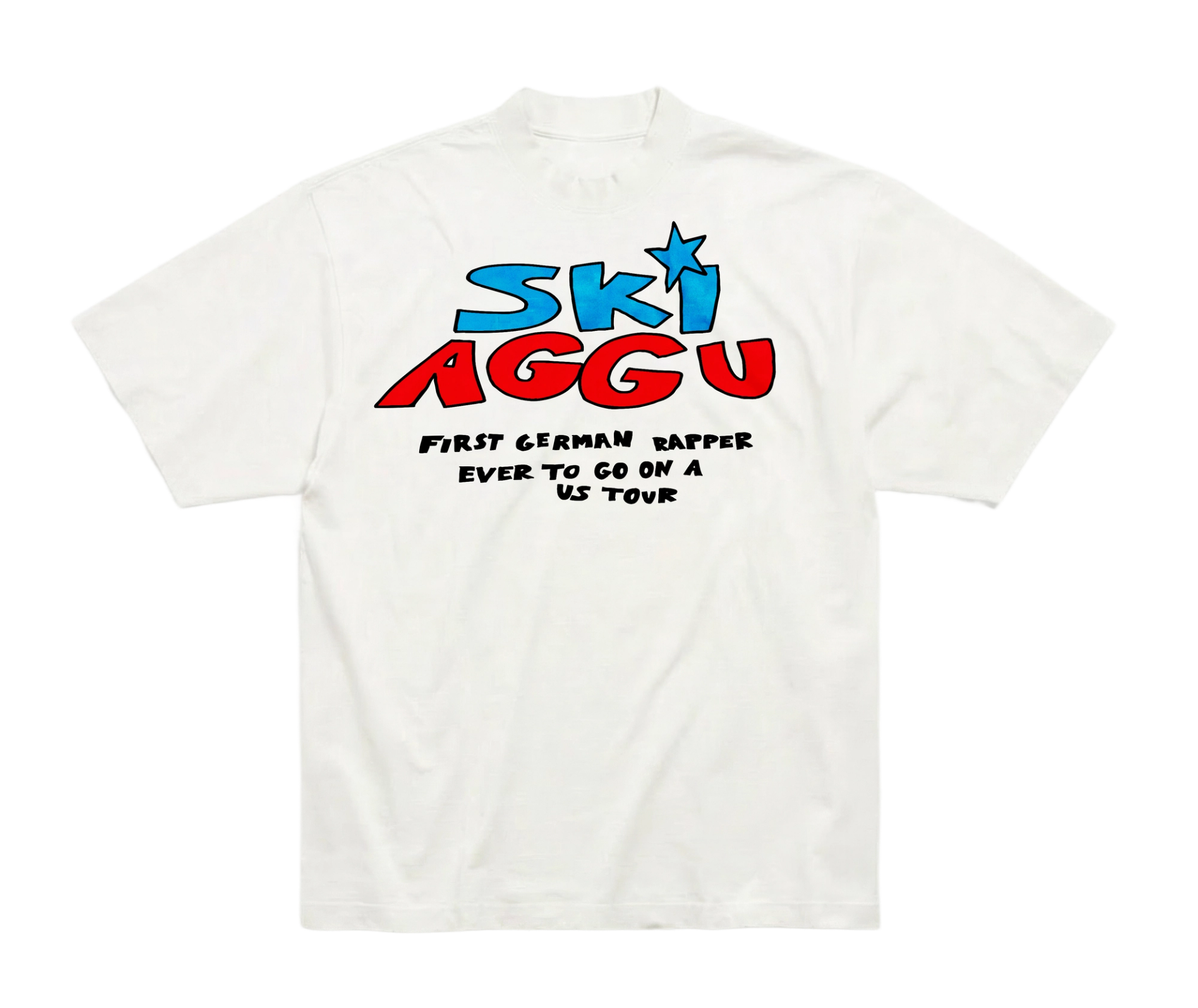 Front of the white tour T-shirt: "SKI AGGU" in hand-drawn blue and red letters with a star, above a line about the first German rapper to tour the US.