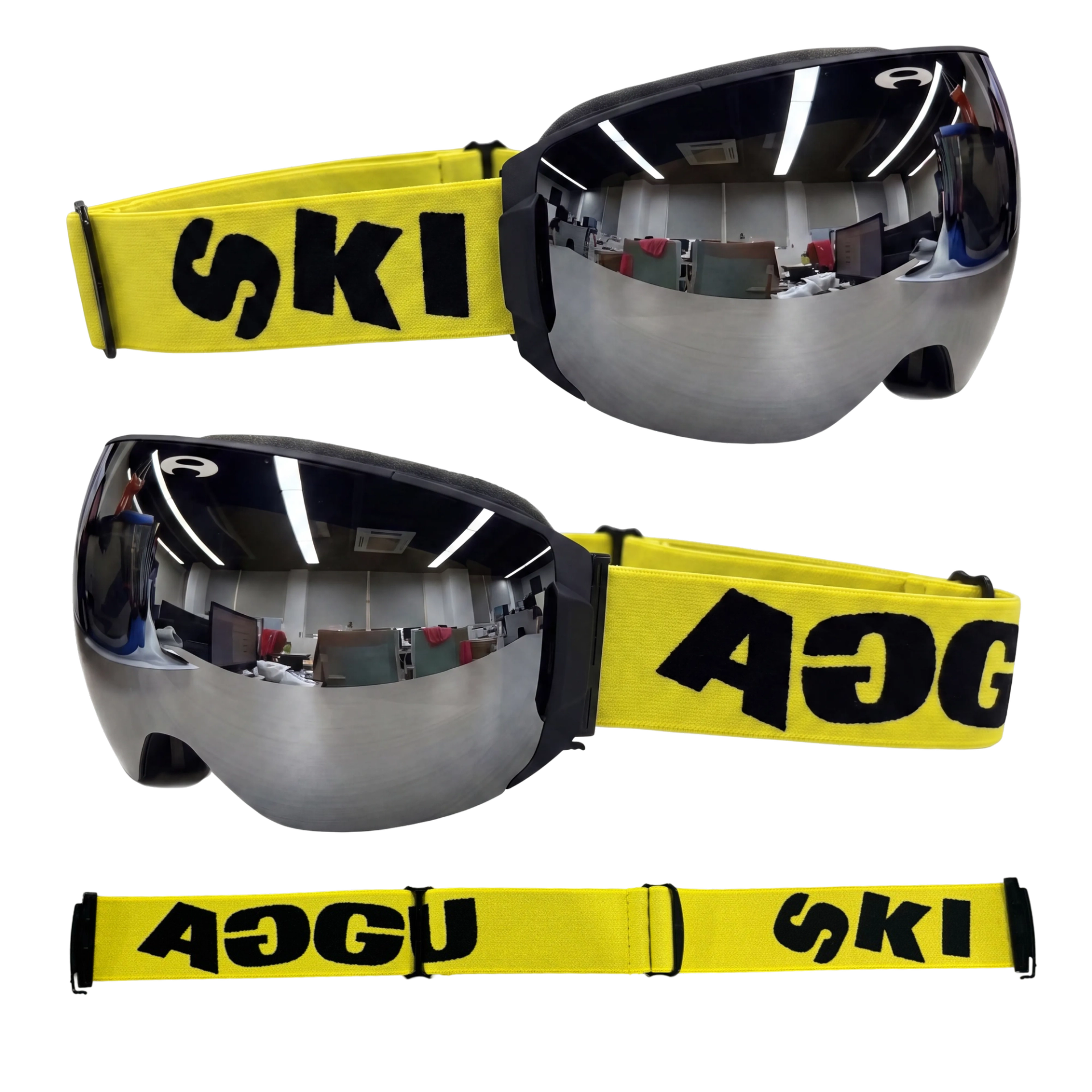 Mirrored ski goggles shown from two angles, with yellow straps carrying black Ski Aggu lettering.